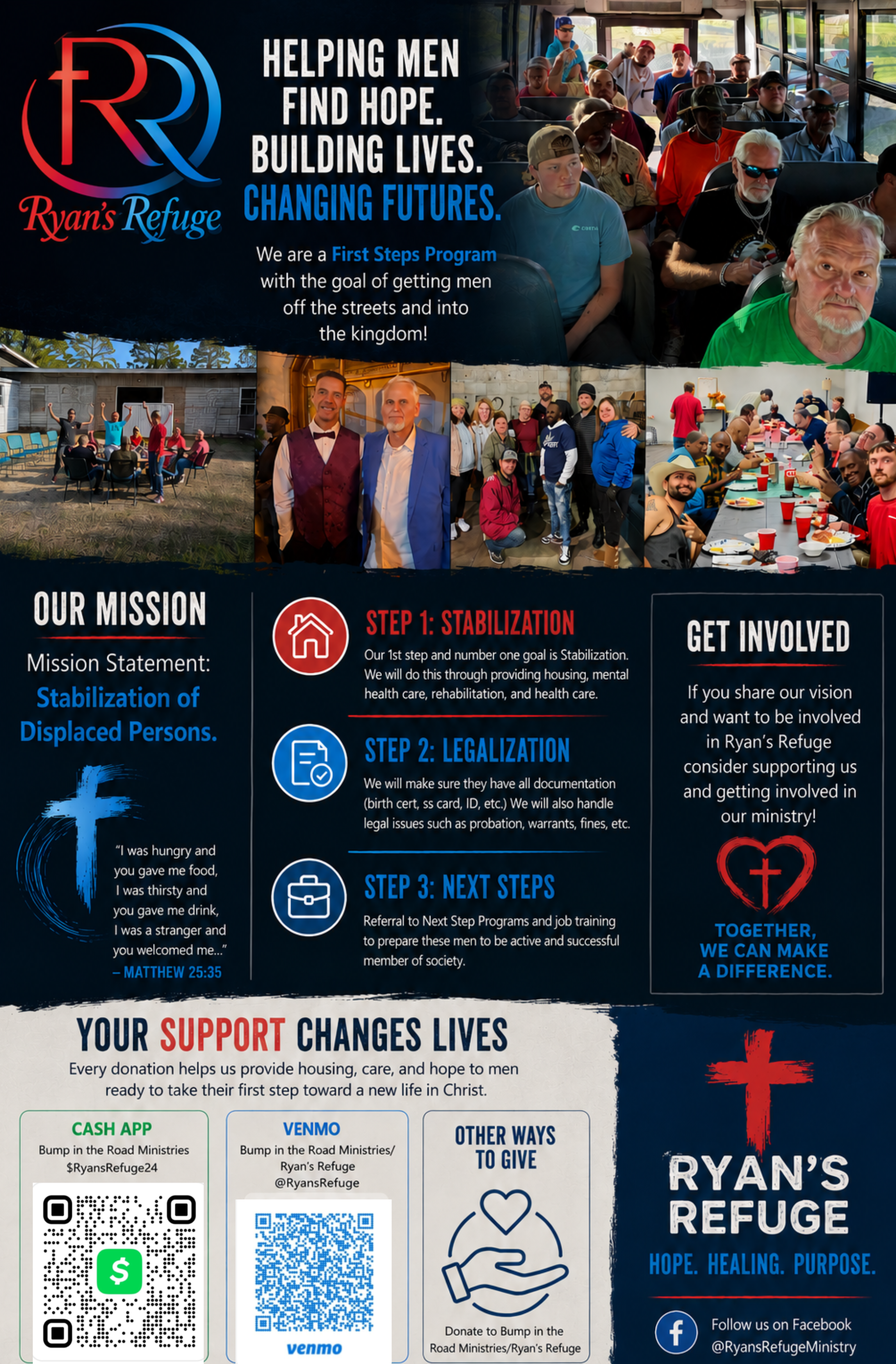 A promotional flyer for Ryan's Refuge, a program helping men find hope and rebuild their lives. The flyer includes images of a bus filled with men, a group of men outdoors, and a dining group. It outlines the mission, three steps for stabilization, l