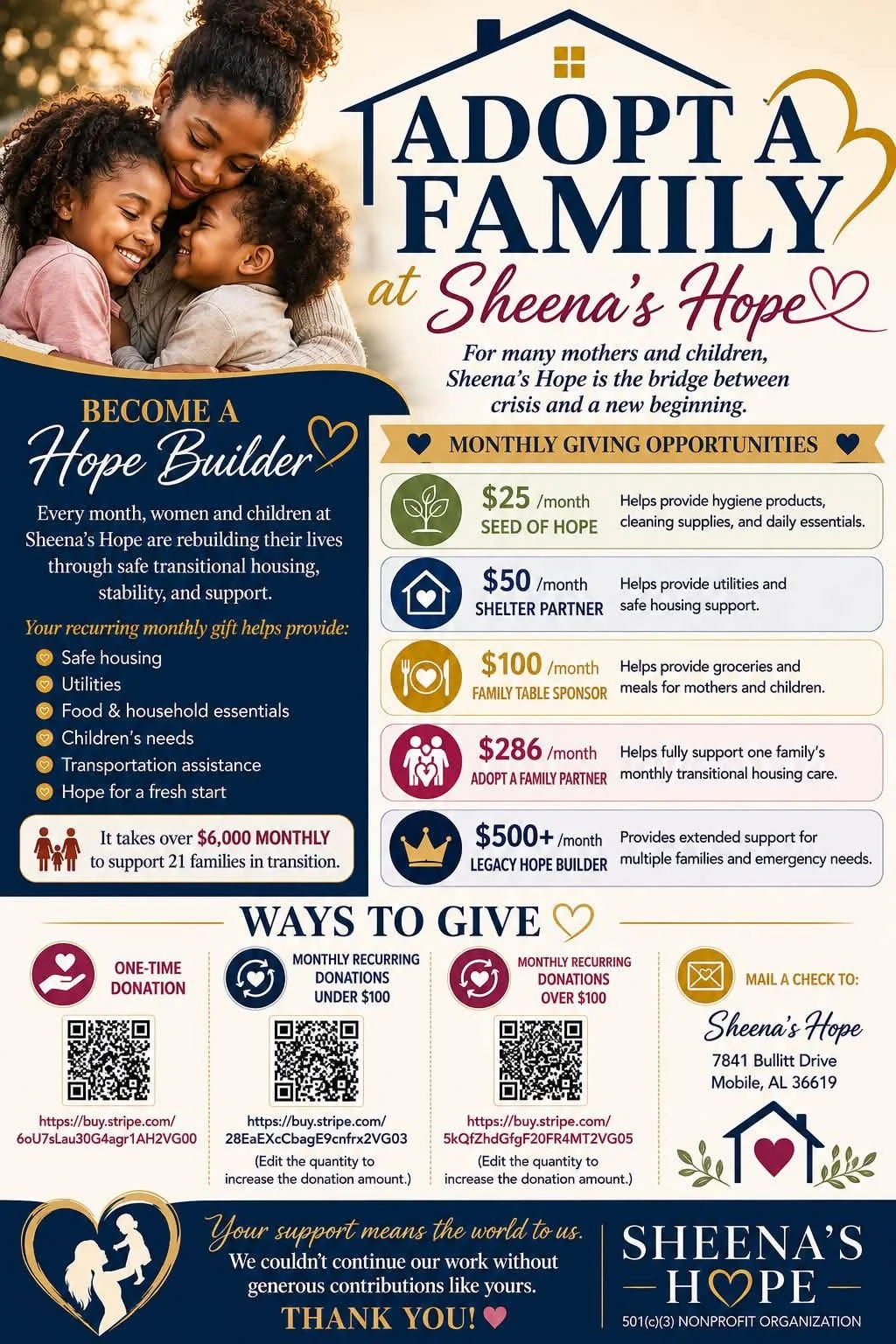 An informational poster for Sheena's Hope, a nonprofit organization focused on helping mothers and children through transitional housing and support. It features a photo of a woman hugging two children and provides details on monthly giving options, 