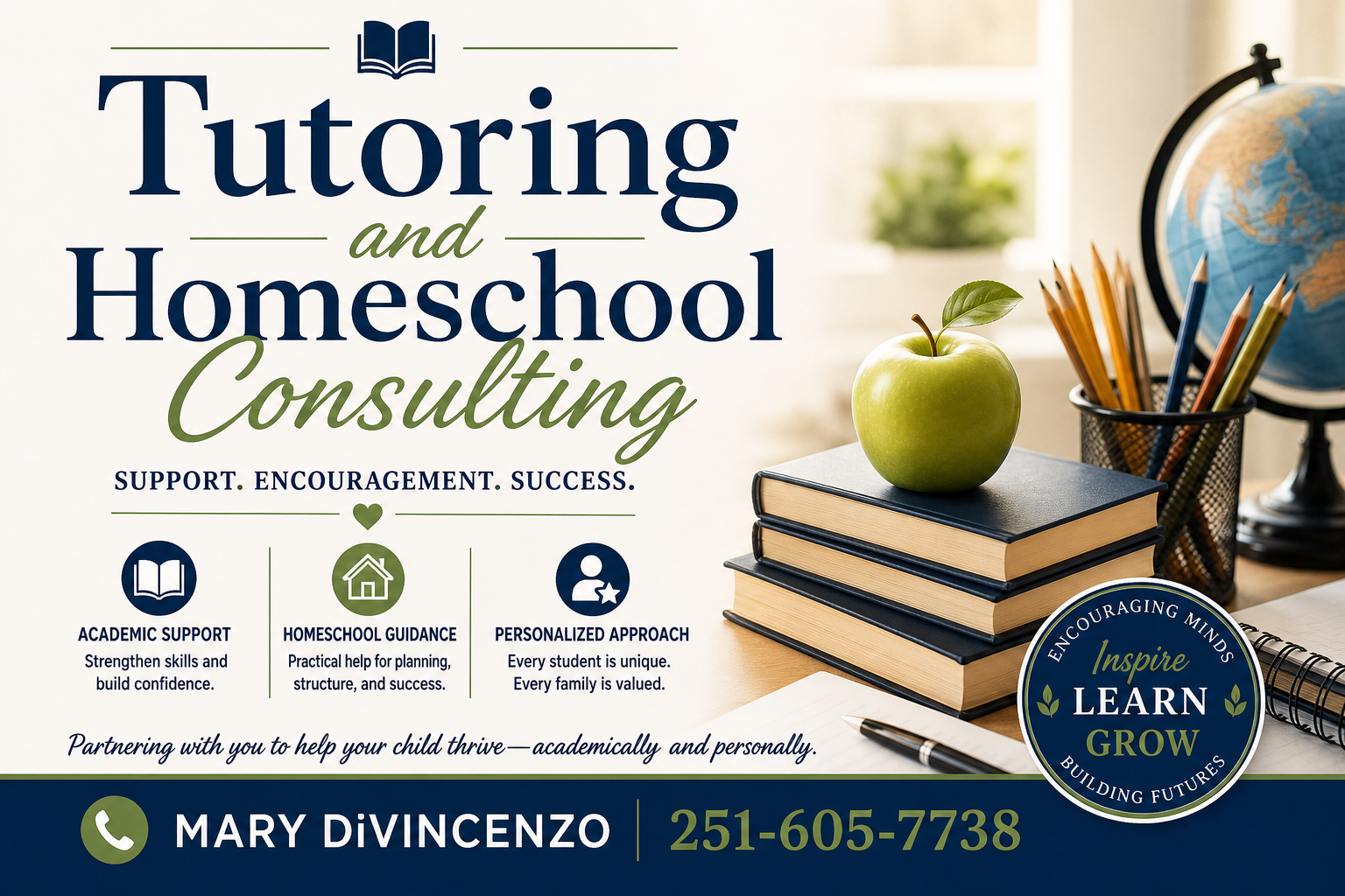 Flyer for tutoring and homeschooling consulting services with a stack of books, a green apple, a globe, and writing supplies on a desk.