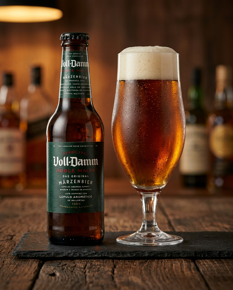 Cerveza fria Voll Damm de la marca Damm. Perfectamente servida en el Bar The Fantastic Yellow Dragon en carrer planeta 41 en Gracia, Barcelona