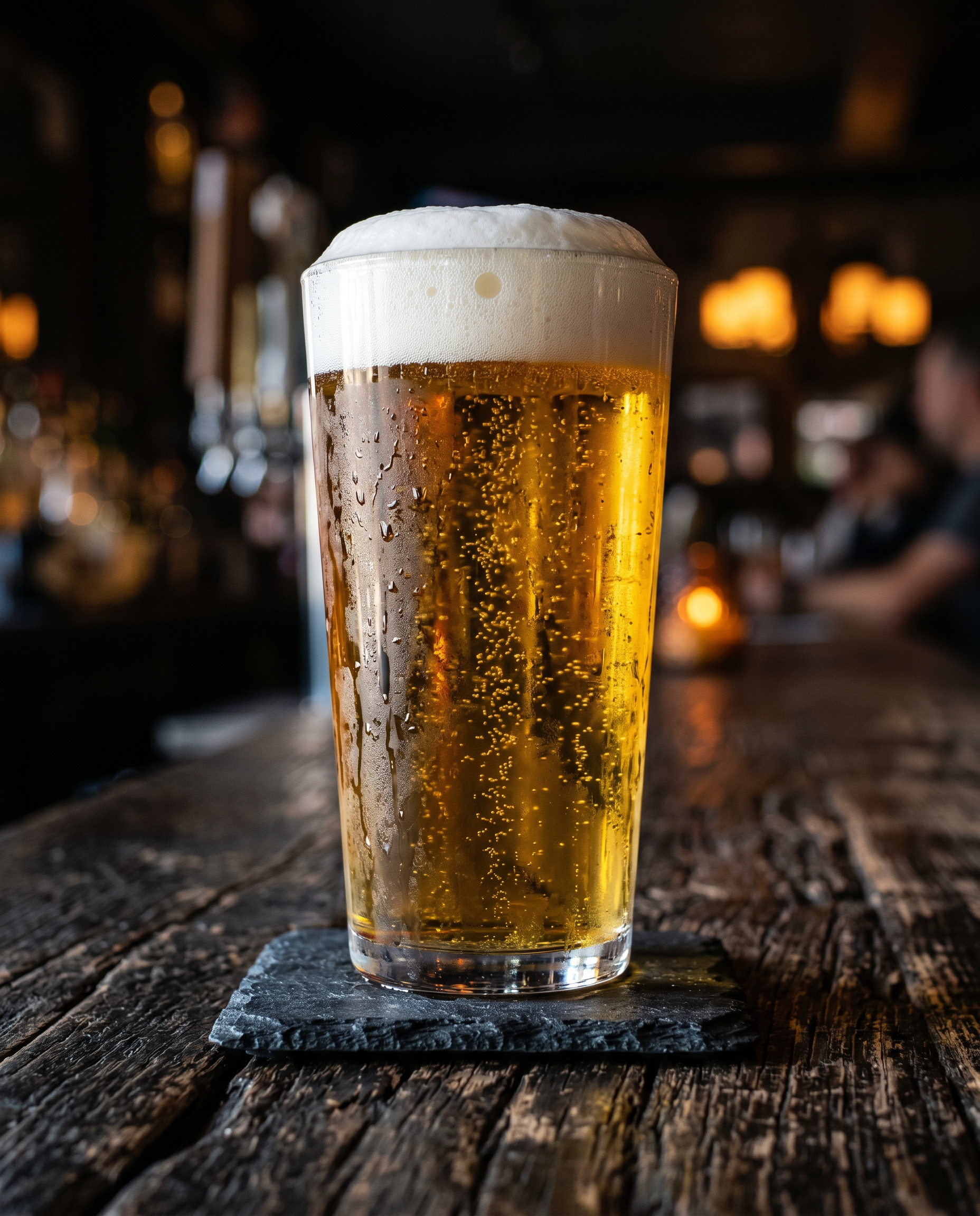 Cerveza fria de Tirador Turia de la marca Damm. Perfectamente servida en el Bar The Fantastic Yellow Dragon en carrer planeta 41 en Gracia, Barcelona