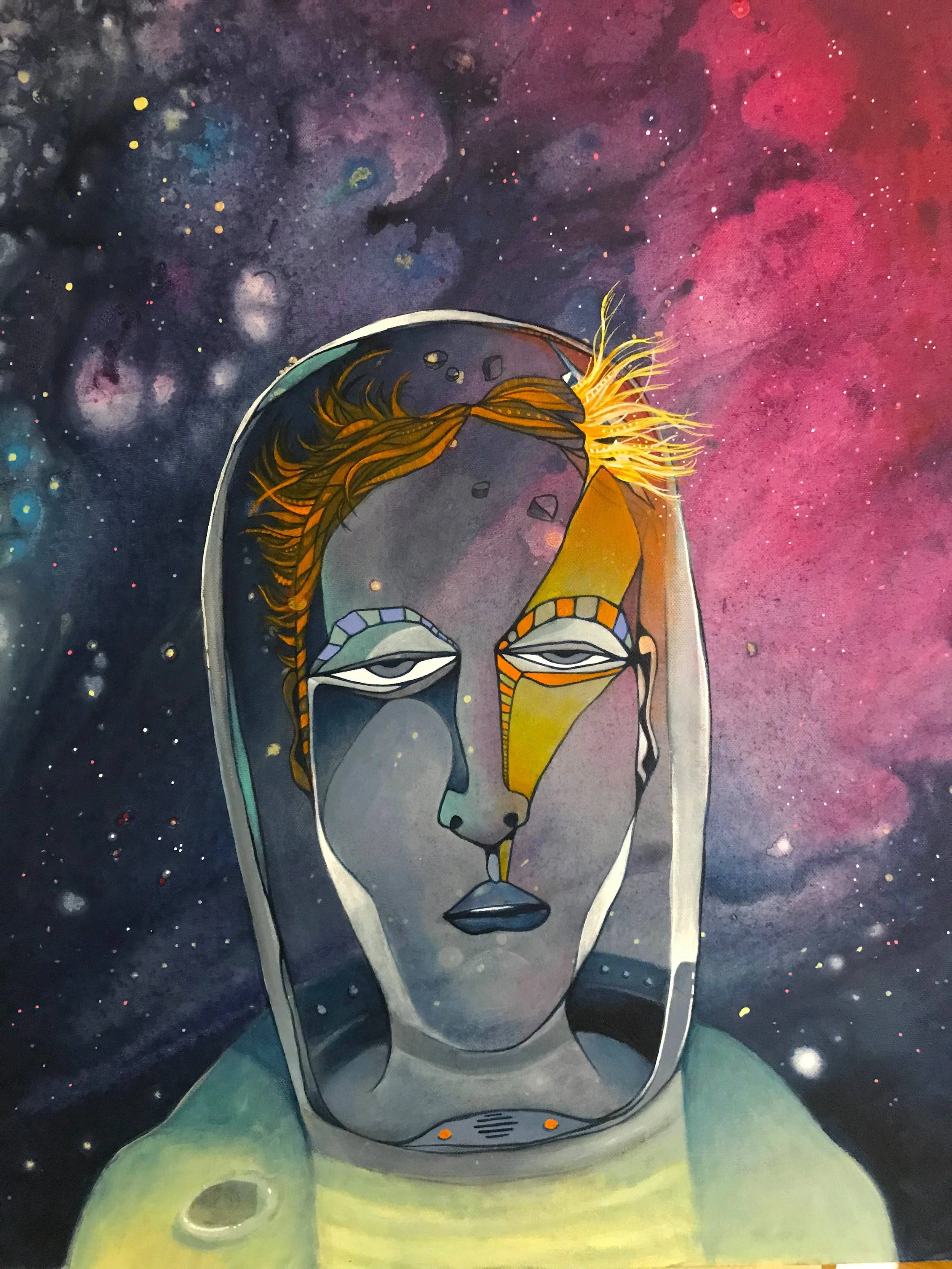 Artwork of an astronaut inspired by the song: Mayor Tom of David Bowie and painted by the artist Felix Zilinskas