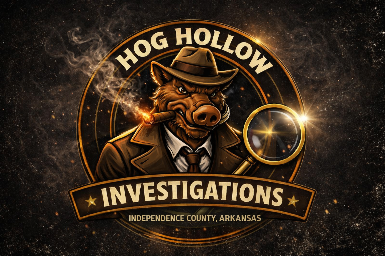 Logo for Hog Hollow Investigations featuring an anthropomorphic hog detective wearing a fedora and trench coat, holding a magnifying glass, with a cigar in its mouth emitting smoke, set against a dark, starry background with a glowing effect.