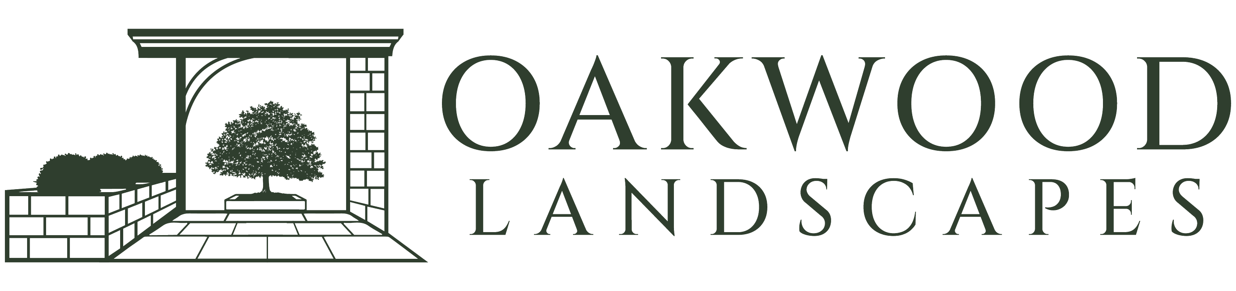 Oakwood Landscapes logo that includes an oak tree, pergula, planter bed, and paver walkway