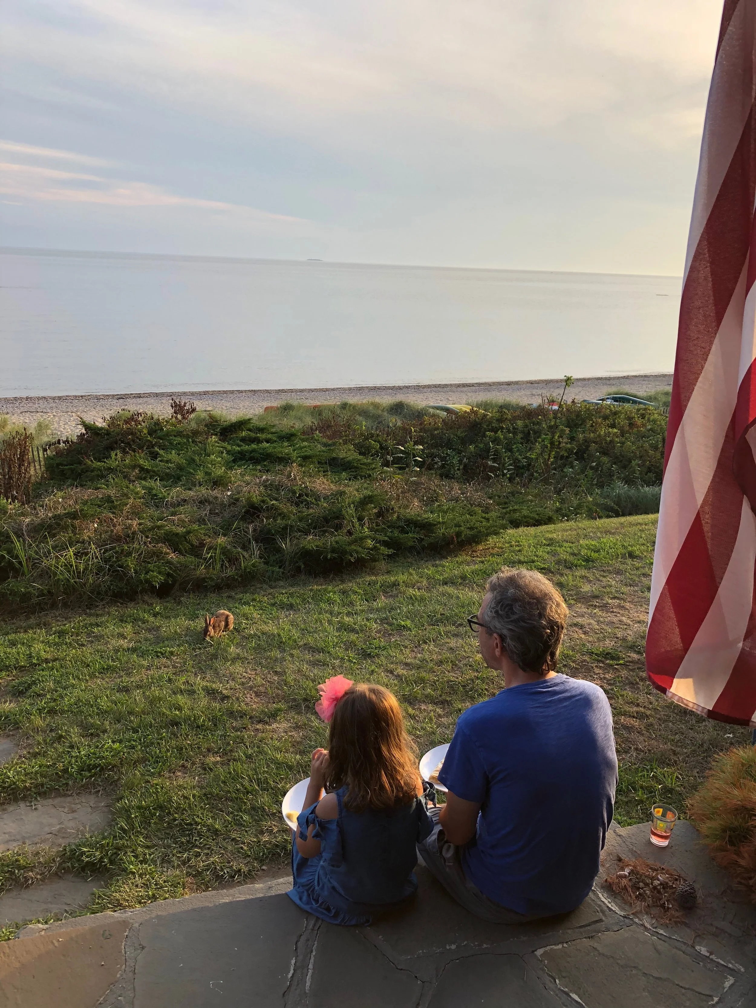 A father and daughter, with a pink bow, sitting on a stone ledge by a lawn, watching the Long Island sound in the distance. There is an American flag on the right side and there is a sunset over the beach. 