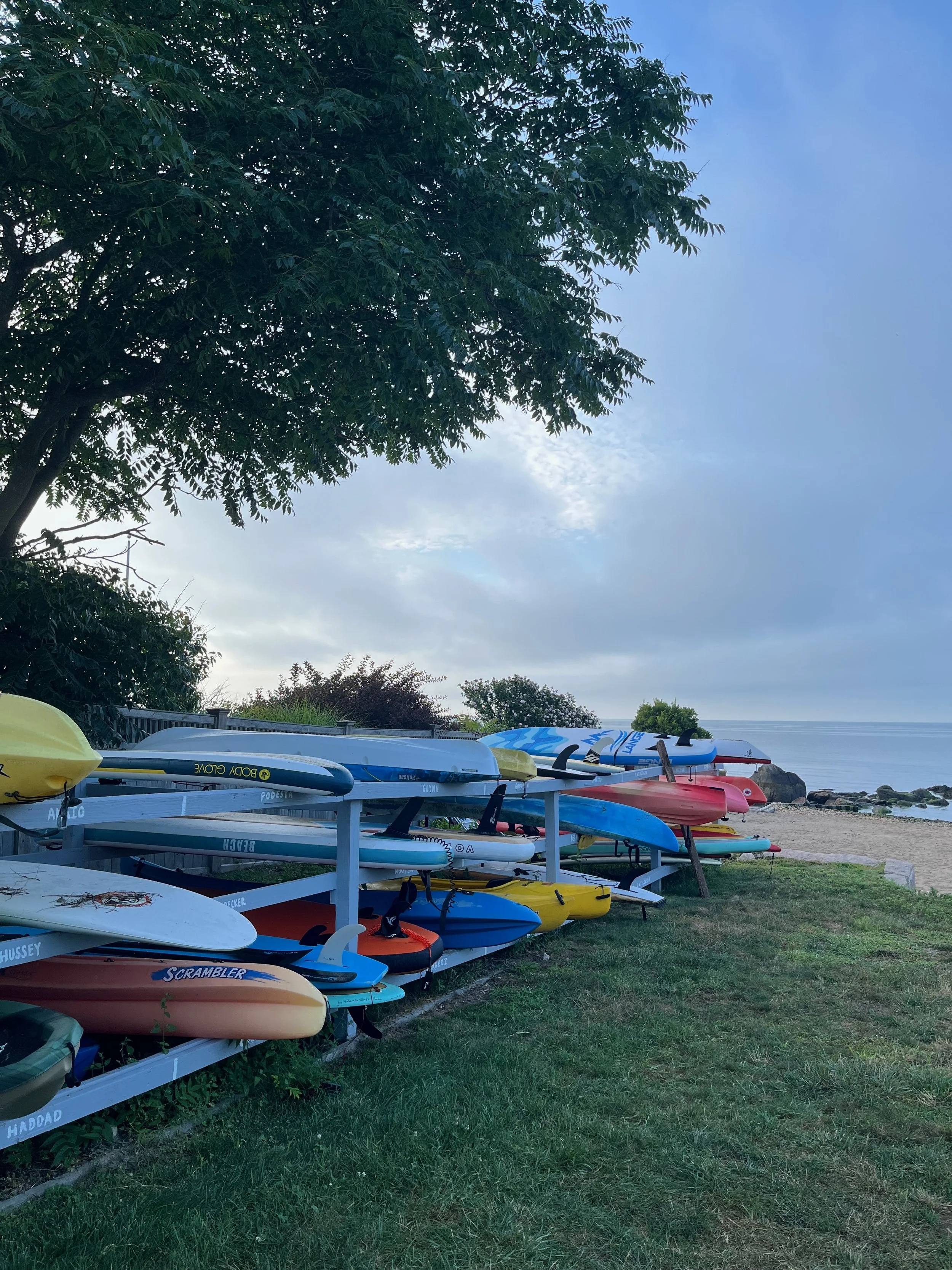 Multiple colorful kayaks and paddleboards stored on white racks near a grassy area, with trees and the ocean in the background and a partly cloudy sky.