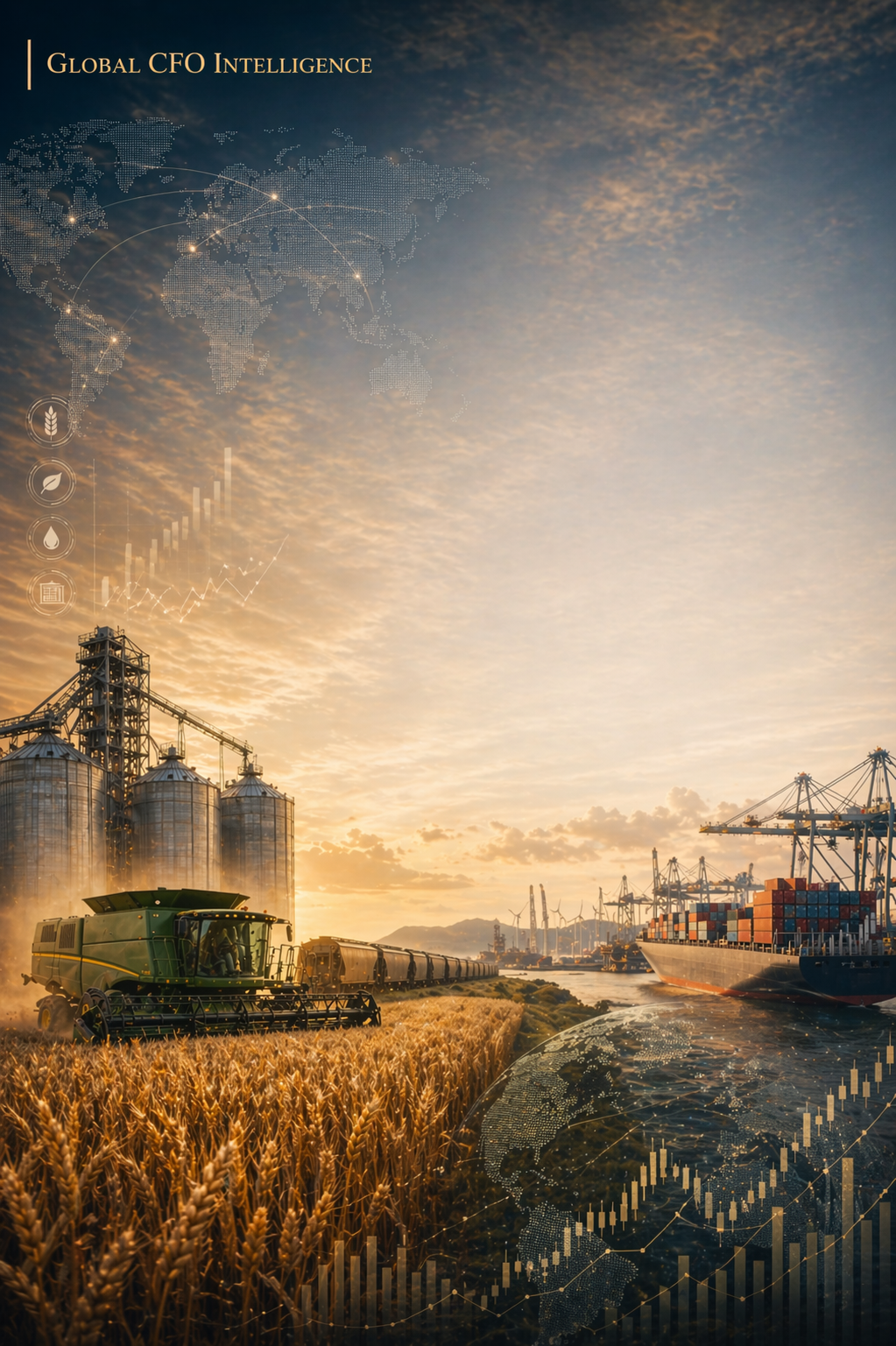 A sunrise over an agricultural landscape featuring a combine harvester in a wheat field. In the background, there are industrial grain silos, a cargo ship at a port with containers, and numerous cranes. Superimposed graphics include a world map, data charts, and icons related to agriculture and global trade, suggesting the theme of global commodity markets and supply chains.