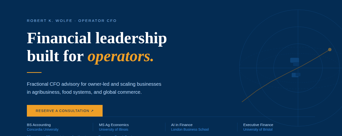 Web page for financial leadership consulting service with a dark blue background, white and orange text, a call-to-action button, and links to educational programs at the bottom.