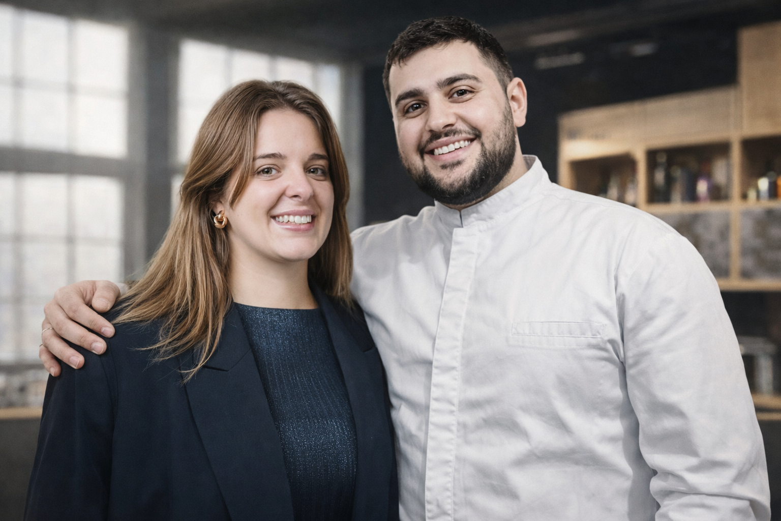 A woman and a man standing close together, smiling at the camera in an indoor setting with large windows and shelves in the background.