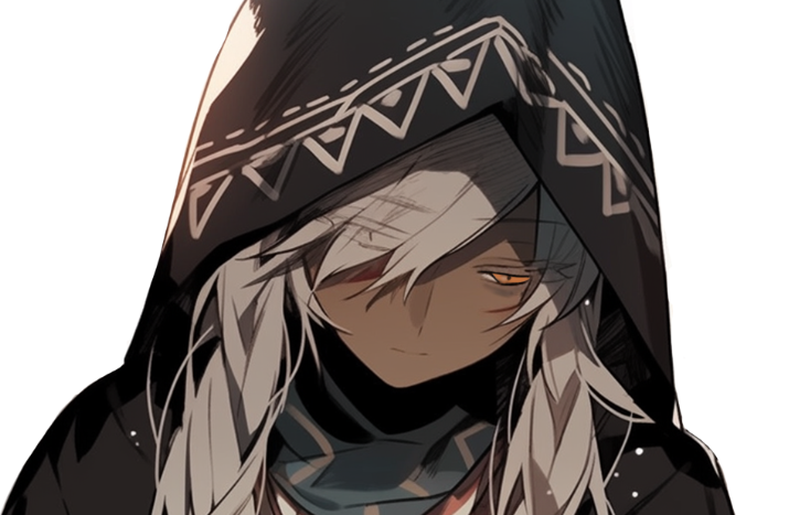 Anime character with long silver hair wearing a black hooded cloak with white geometric patterns.