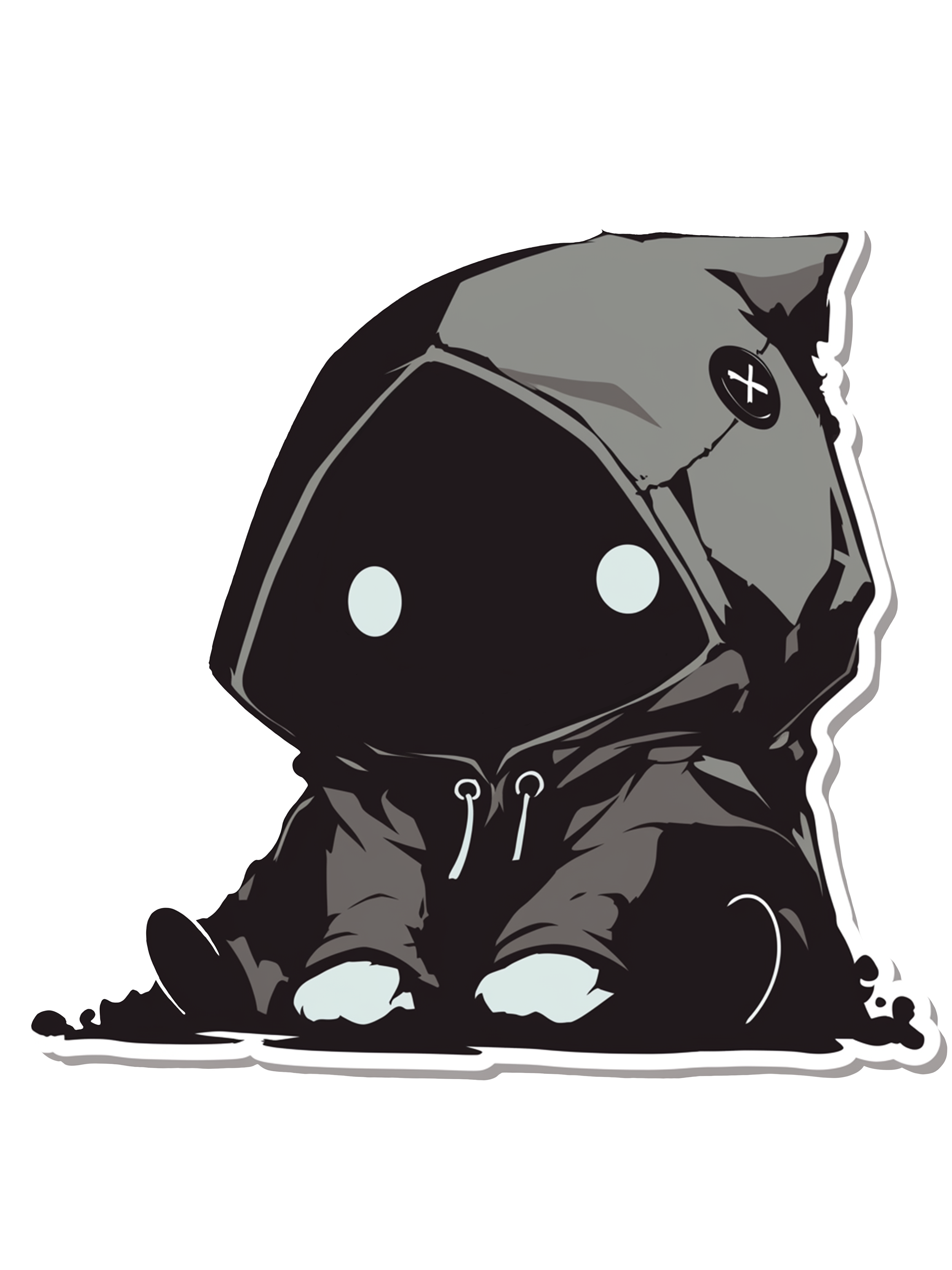 A cartoon illustration of a black and white dog sitting on the ground.