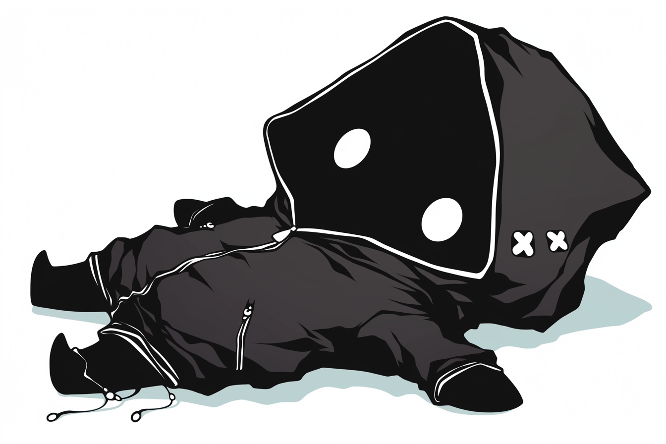 A black zip-up jacket with a hoodie lying on the ground next to a black dice with white dots and two small white 'X' marks on it.