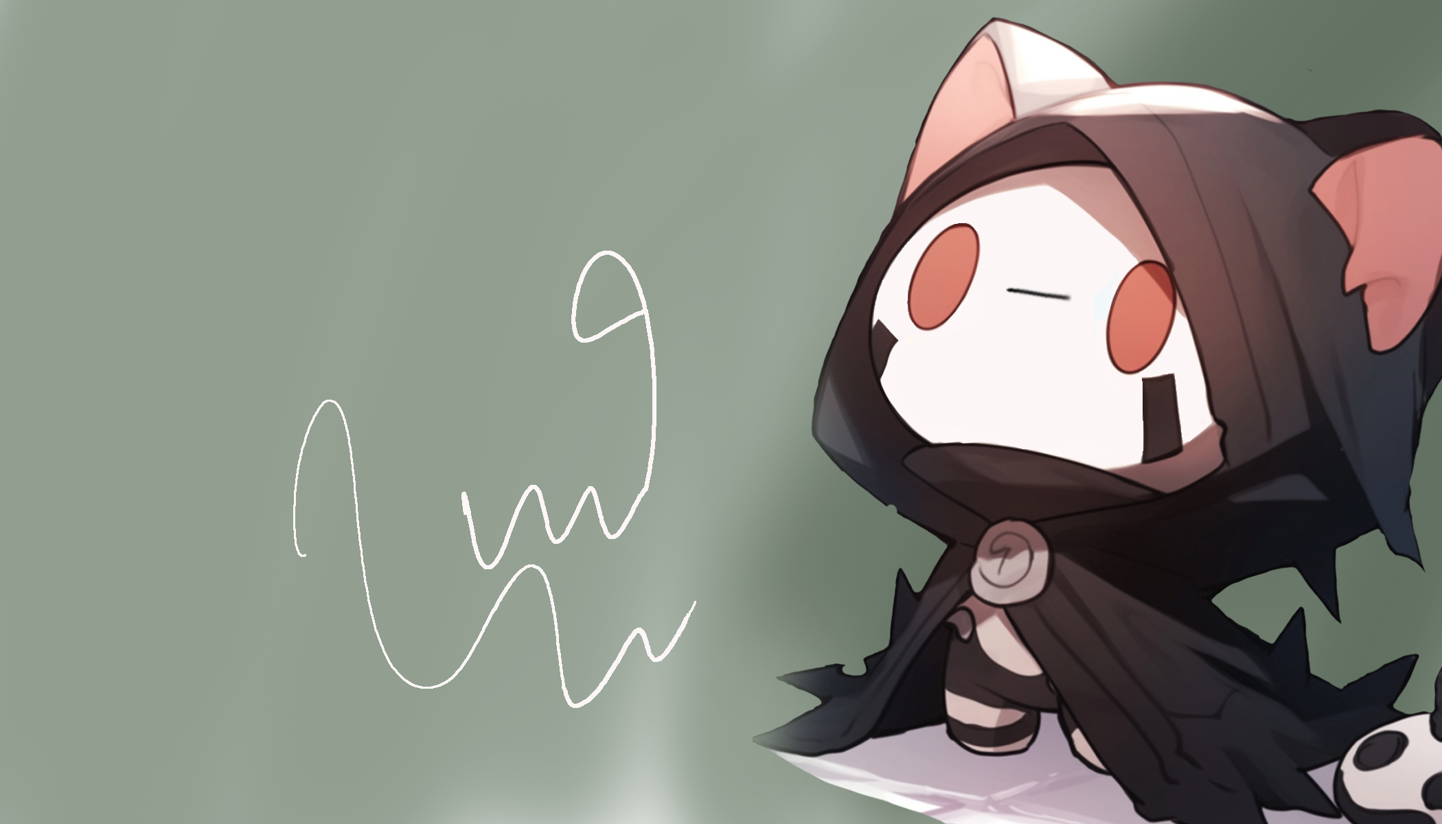 A cartoon character with large round eyes, wearing a black hood and cape, standing next to a white outline of a skull with a wide grin, on a muted green background.