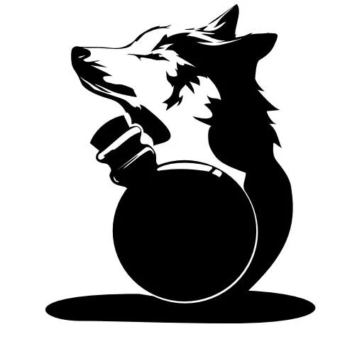 Silhouette of a wolf's head with a collar and a hanging ball, in black and white.
