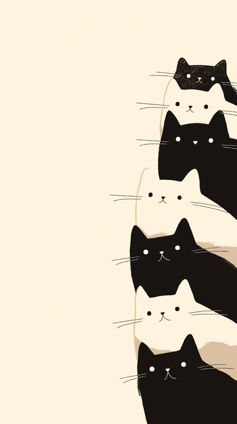 Vertical pattern of stylized black and white cats with simple facial features on a light beige background.