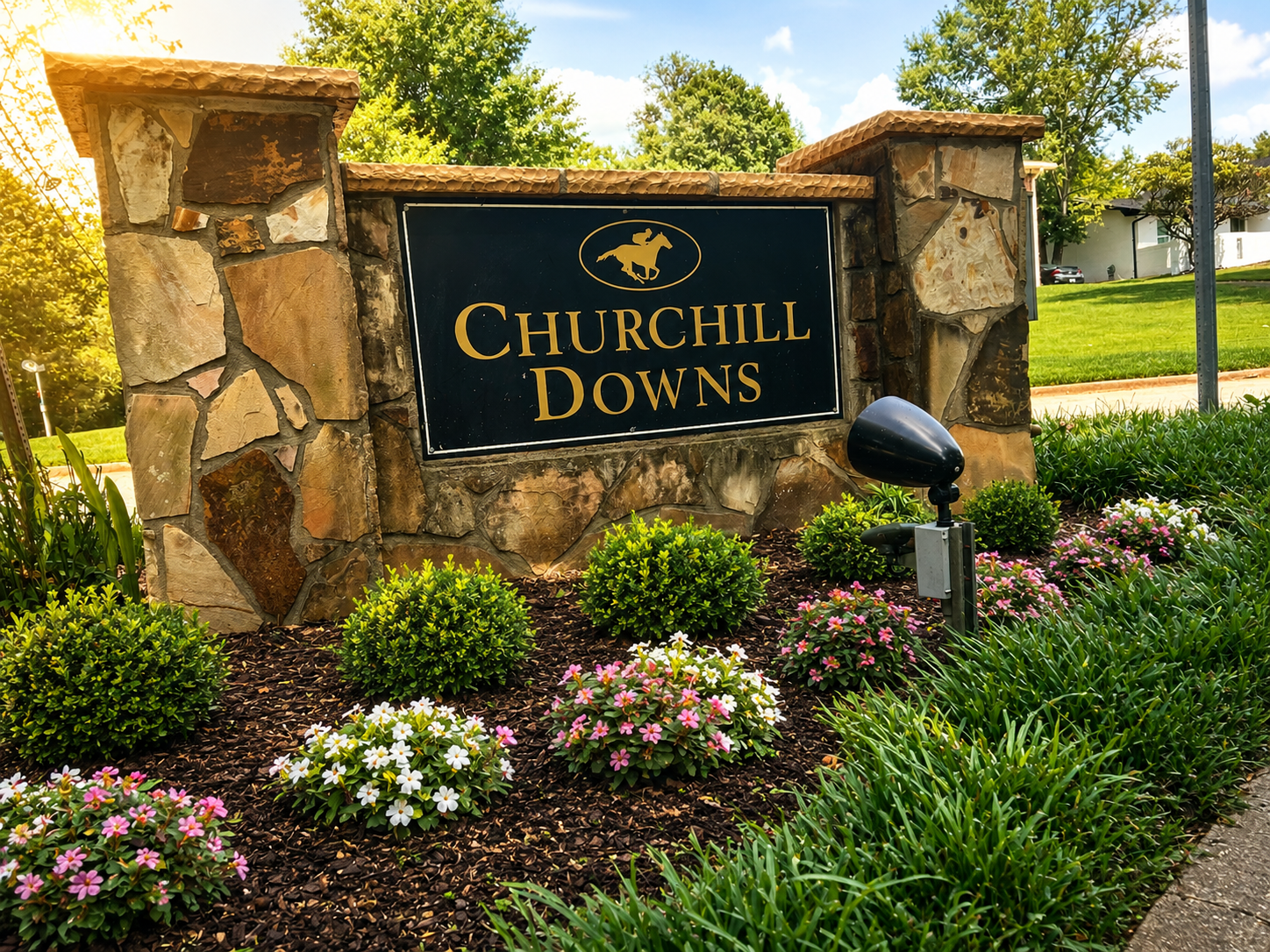 Stone sign with black plaque reads 'Churchill Downs' with a horse logo above, surrounded by landscaped flowerbed with pink and white flowers and bushes, on a sunny day.