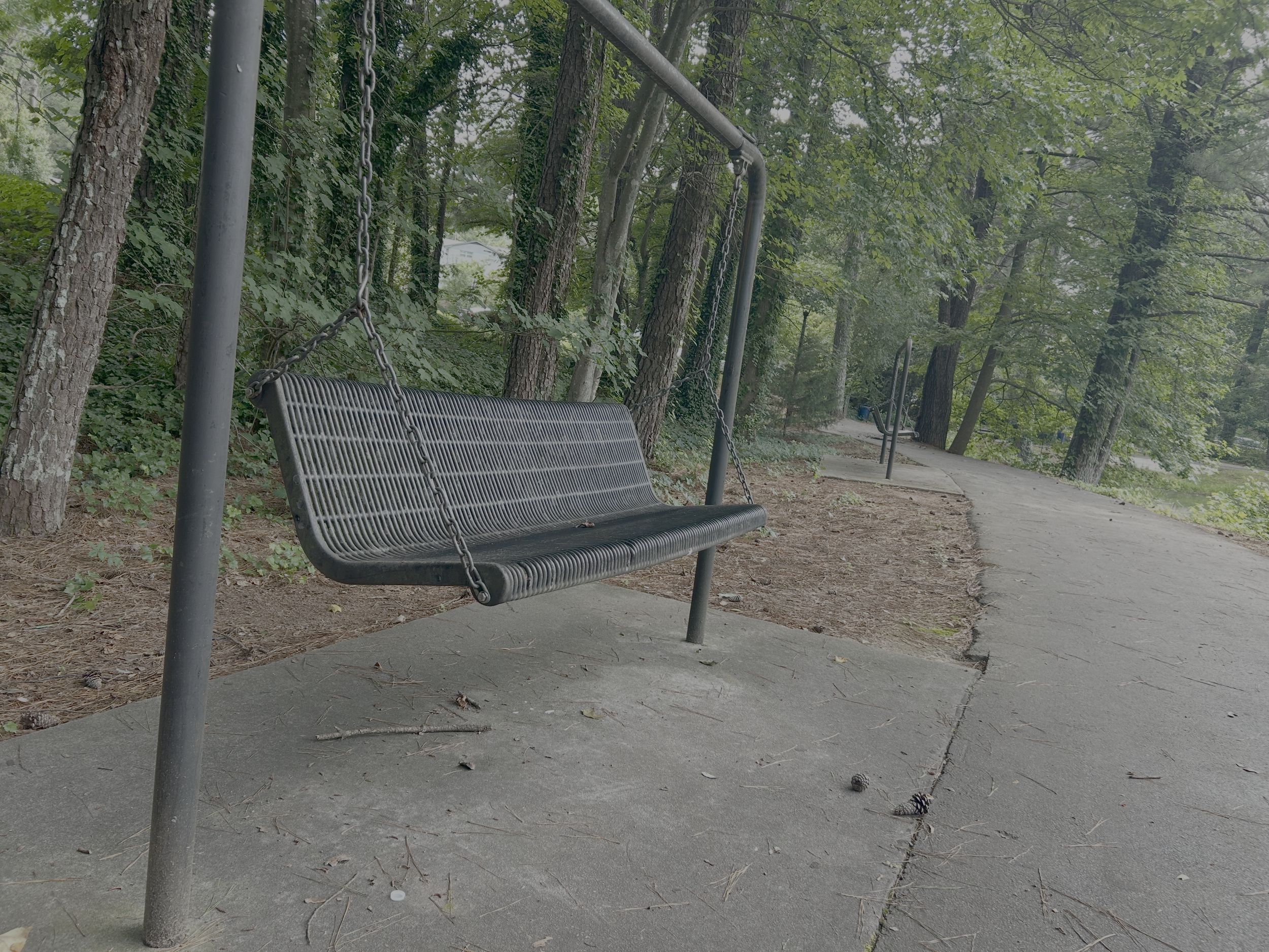 Empty metal park bench with chains in a wooded park setting.