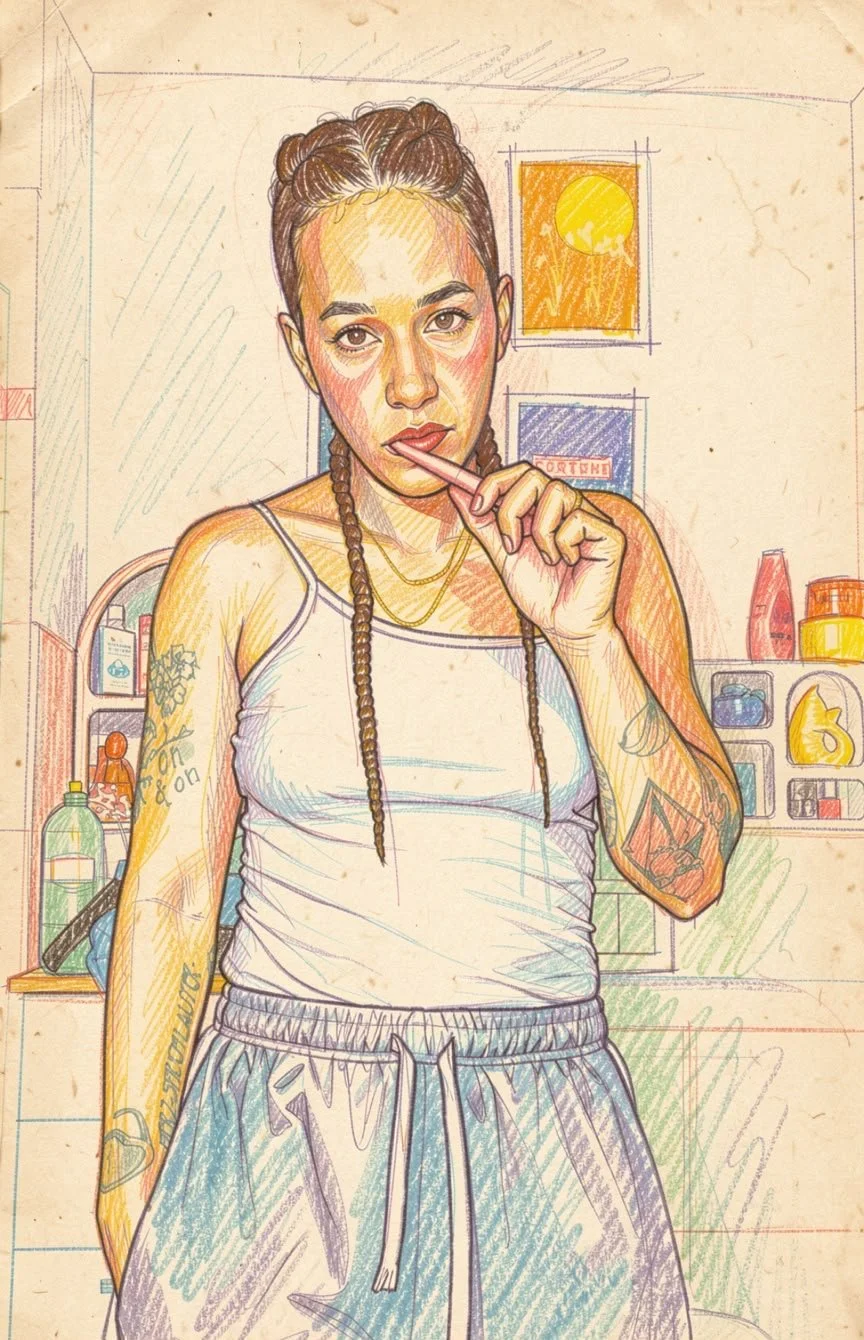 Illustration der Autorin Niyema Stewart steht mit Boxer Braids, weißem Top und Jogginghose im Badezimmer. Sie hat tätowierte Arme. und eine Zahnbürste im Mund. Die Illustration ist in warmen creme-, orange und türkistönen gehalten.