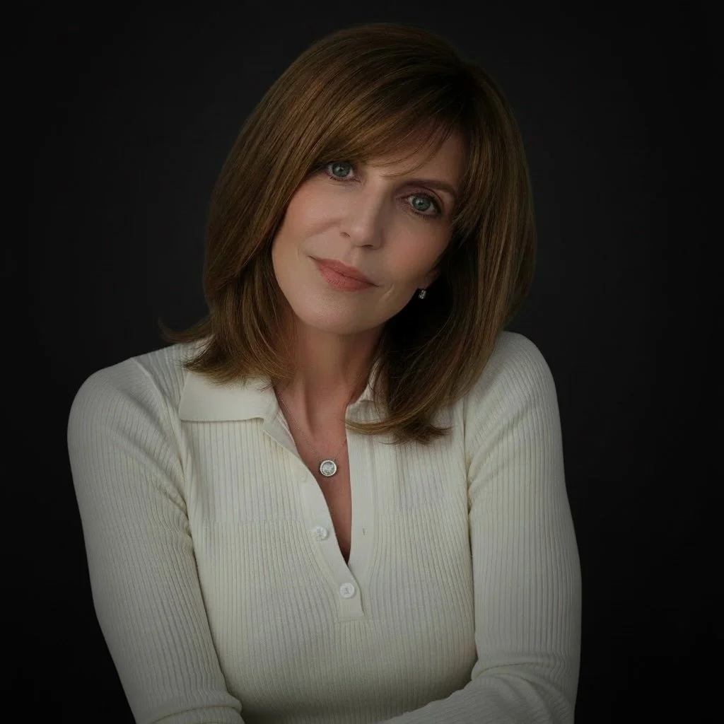 Portrait of a woman with brown hair and blue eyes, wearing a white ribbed long sleeve top, posing against a dark background.