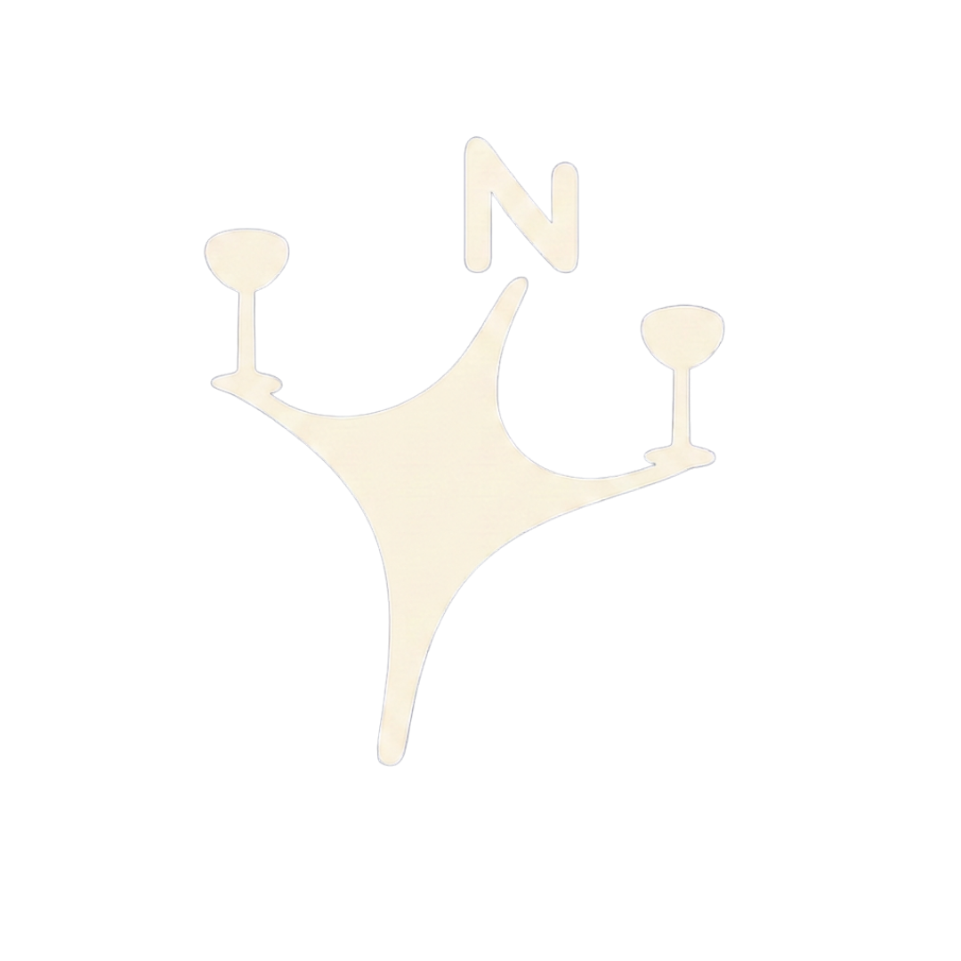 Nordstrand Circle Logo: Ein stilisiertes Bild einer weißen Windrose mit zwei Weingläsern in den Händen und einem großen Buchstaben 'N' auf dem Kopf.