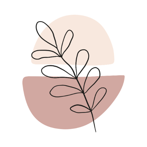 Minimalist abstract graphic with a half-circle divided into light beige and soft pink sections, topped with a black line drawing of a branch with elongated leaves.