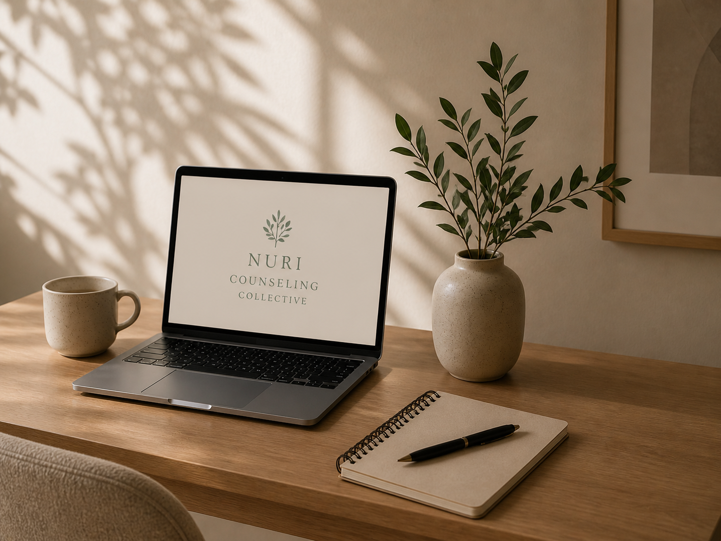 A wooden desk with a laptop displaying 'NURI COUNSELING COLLECTIVE' on the screen, a beige coffee mug, a spiral notebook with a pen, and a beige vase with greenery, in a softly lit room with shadows on the wall.