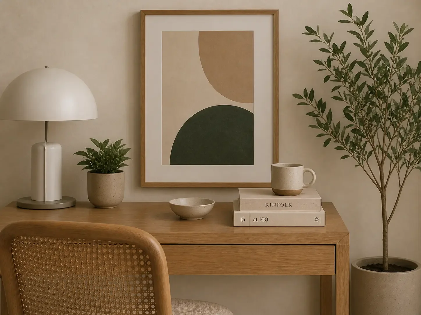 Decorative interior scene featuring a wooden desk with books, a mug, a bowl, a small plant, a table lamp, framed abstract art, and a potted tree.