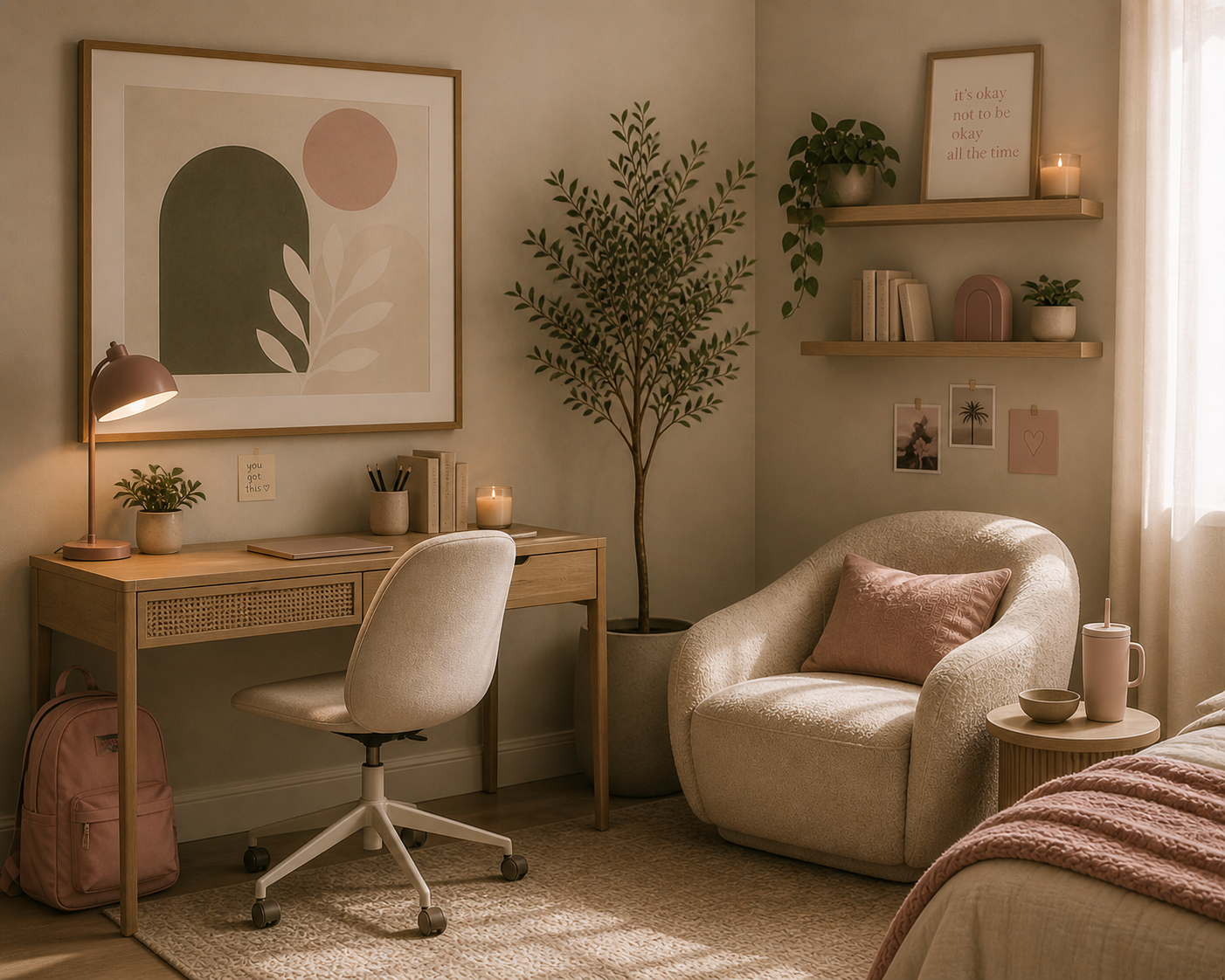 A cozy bedroom corner with a workspace and seating area. The workspace features a wooden desk with a pink lamp, a small plant, a candle, and some books. There is a white rolling chair in front of the desk. To the right, there's a comfortable armchair with a pink pillow, next to a round wooden side table with a pink thermos and bowl. A tall potted plant is between the desk and the armchair. The wall has minimalist art, shelves with books, a framed quote, a candle, and small photos. Light from a window illuminates the warm, neutral-toned room.