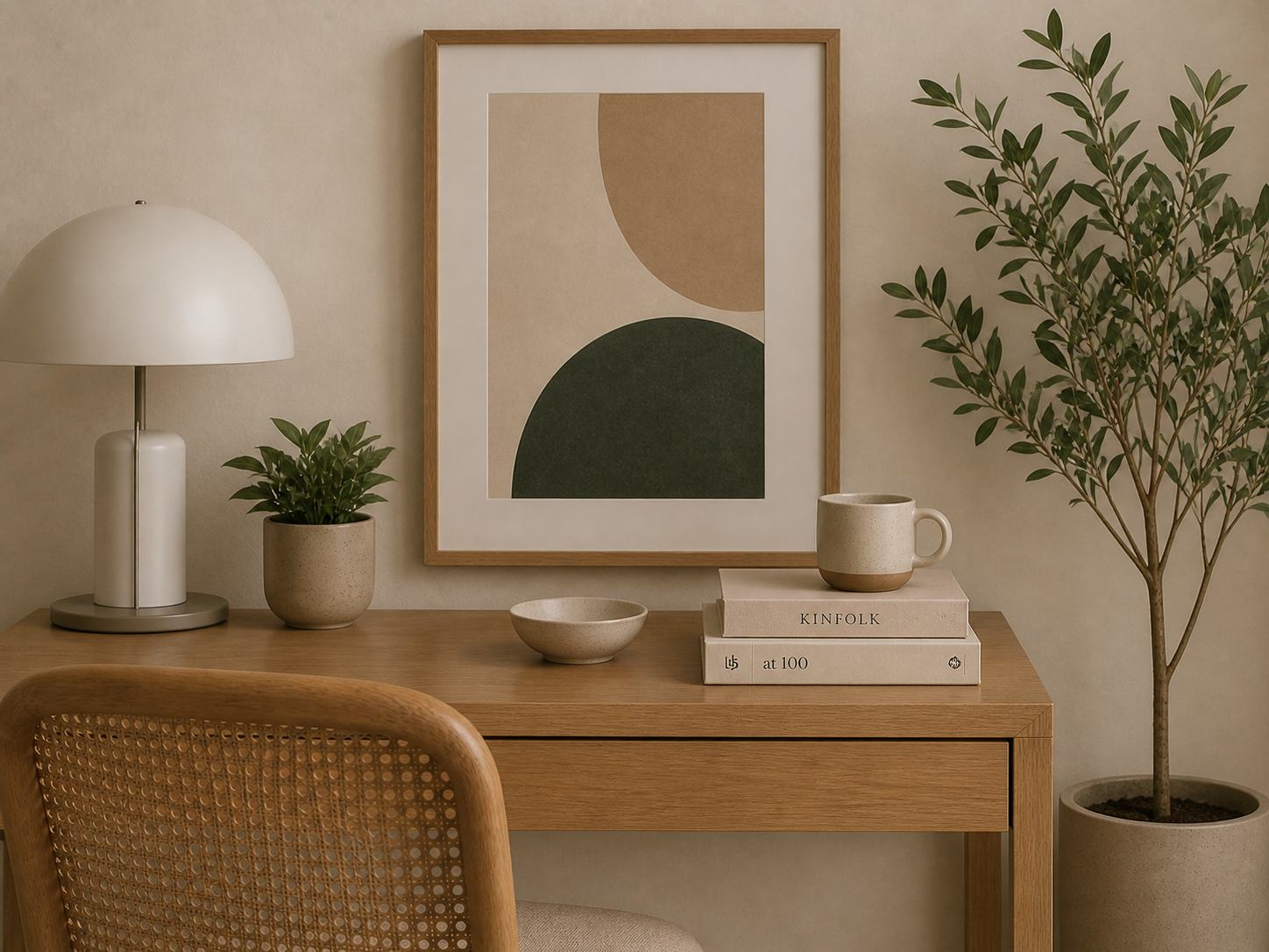 Decorative interior featuring a wooden desk with a table lamp, potted plants, a stack of books, a ceramic mug, a bowl, and a framed abstract art piece on the wall.