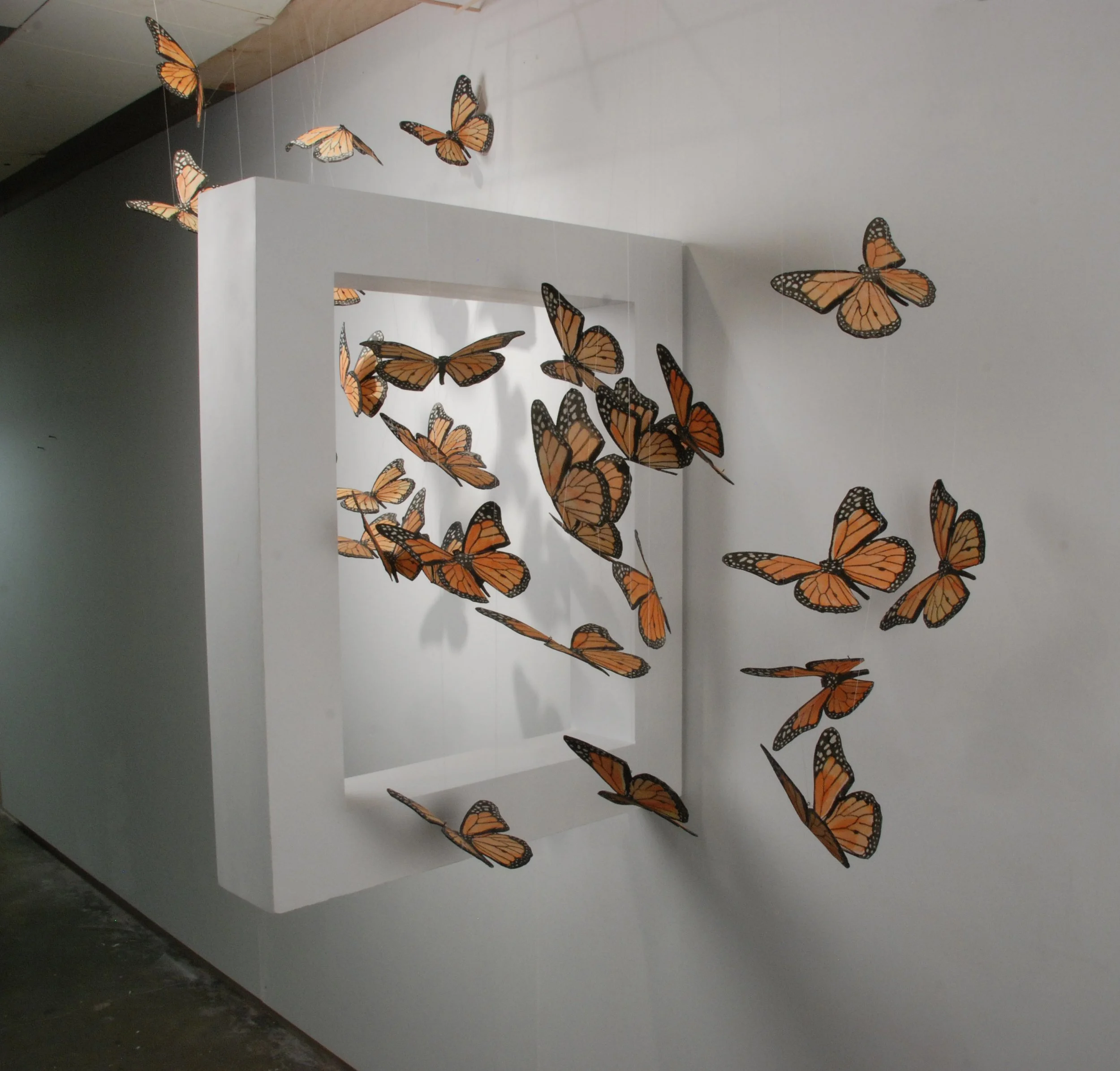 Journey, 2013
Screen printed porcelain, wood, monofiliament
Dimensions of overall installation: (w, d, h) 5’ x 3’ x 10’