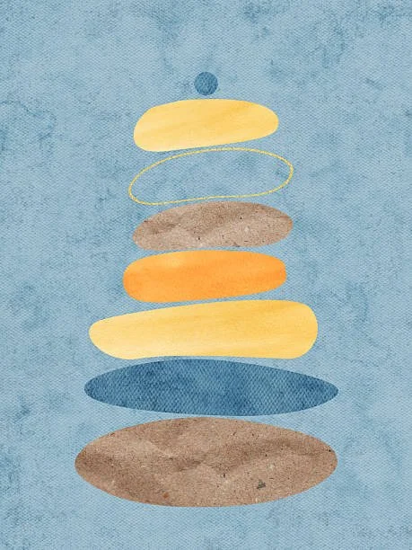 Abstract illustration of stacked colorful ovals and circles against a light blue background.