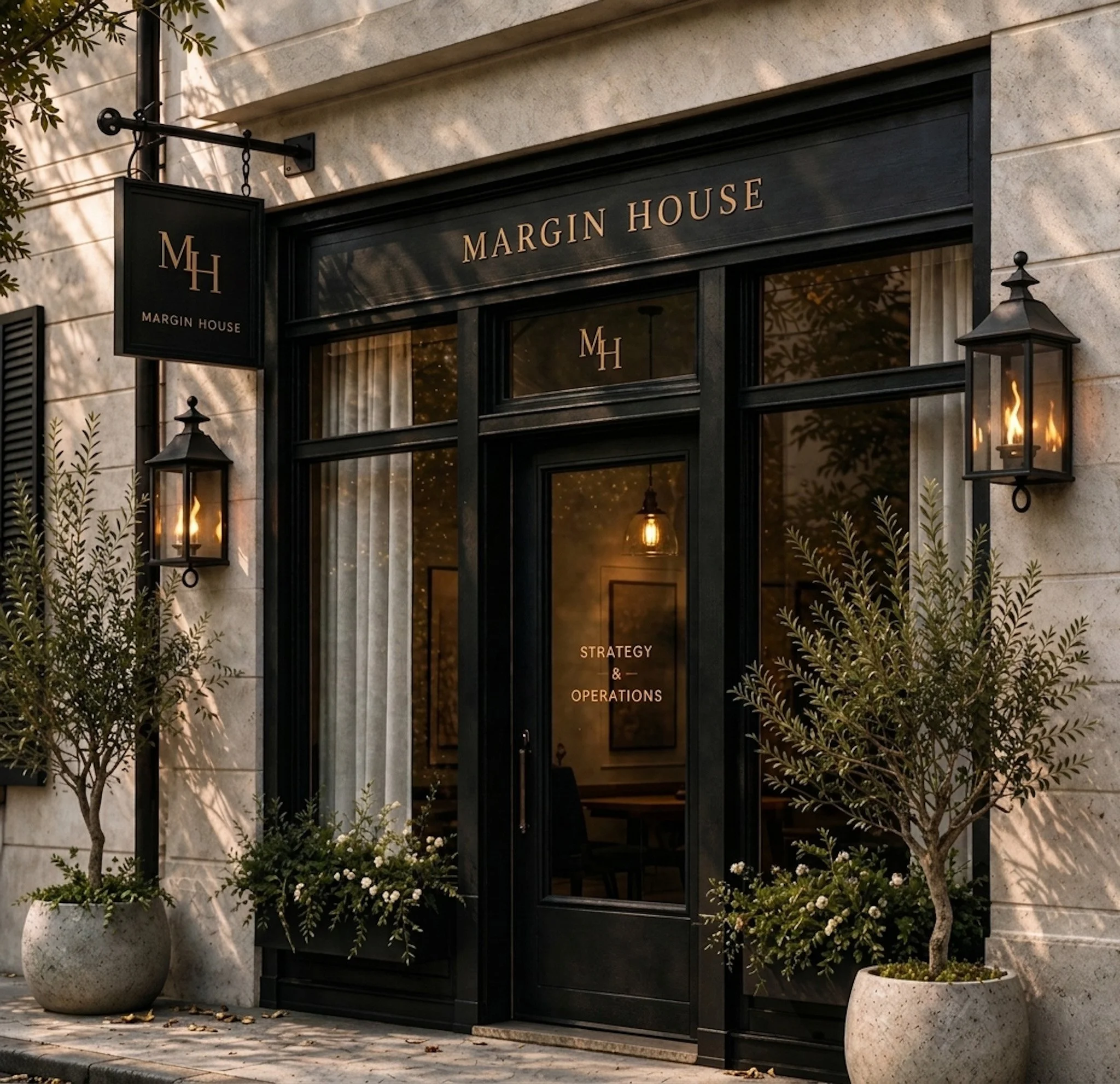 The entrance of a building labeled 'Margin House' with large black framed glass doors and windows, flanked by two large flower pots with greenery and white flowers, two black outdoor wall lanterns, and surrounded by trees and plants.