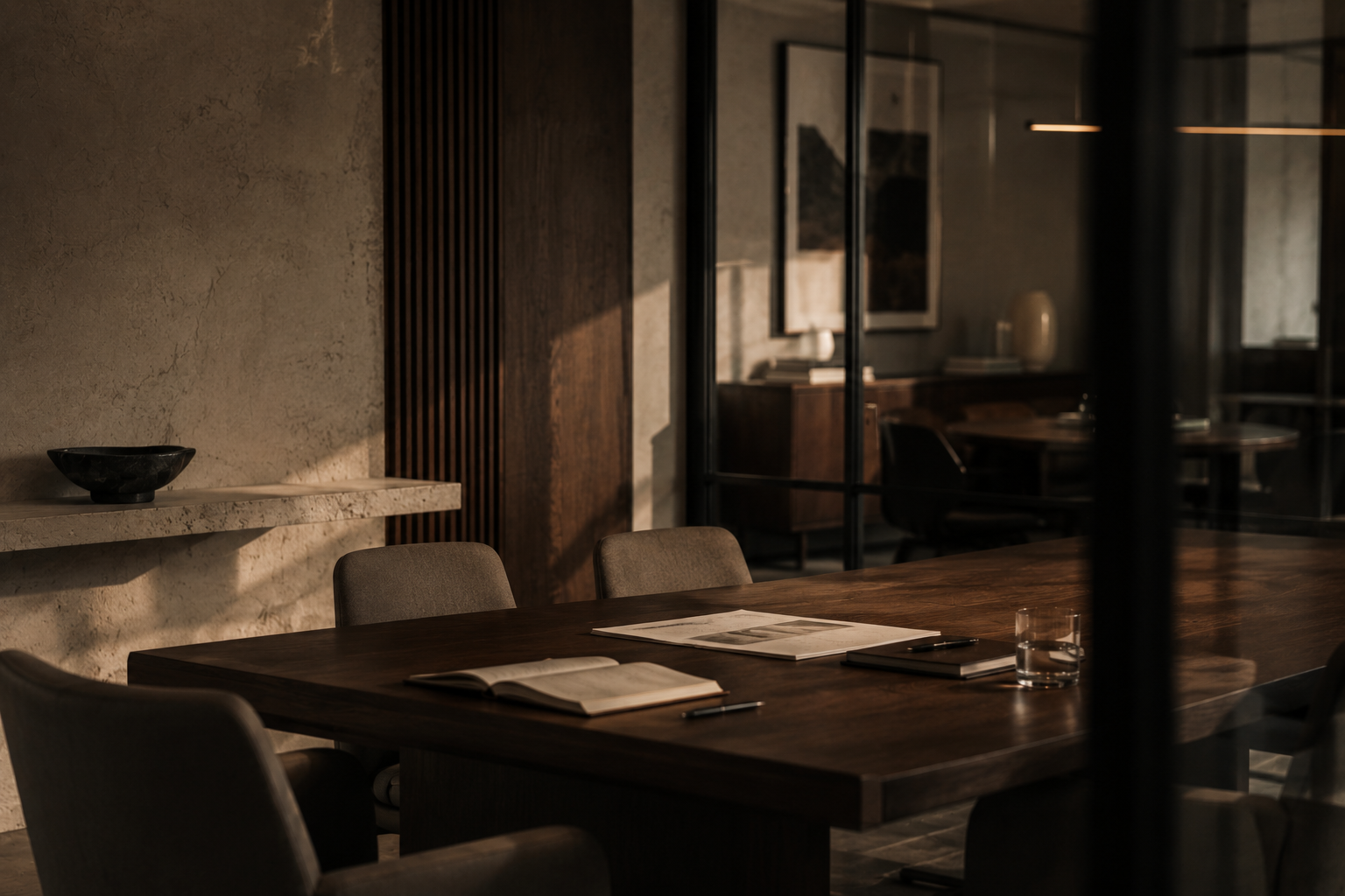 A dimly lit conference room with a large wooden table, chairs, books, a notebook, a pen, a glass of water, and framed artwork on the walls.