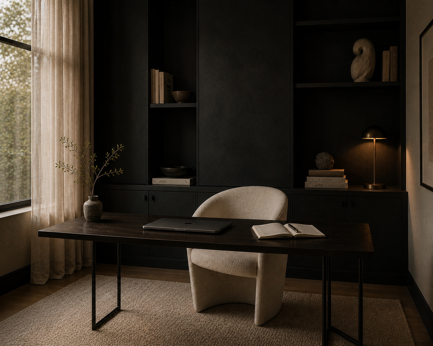Home office: Margin House consulting environment — dark wood desk, warm lighting, and focused workspace