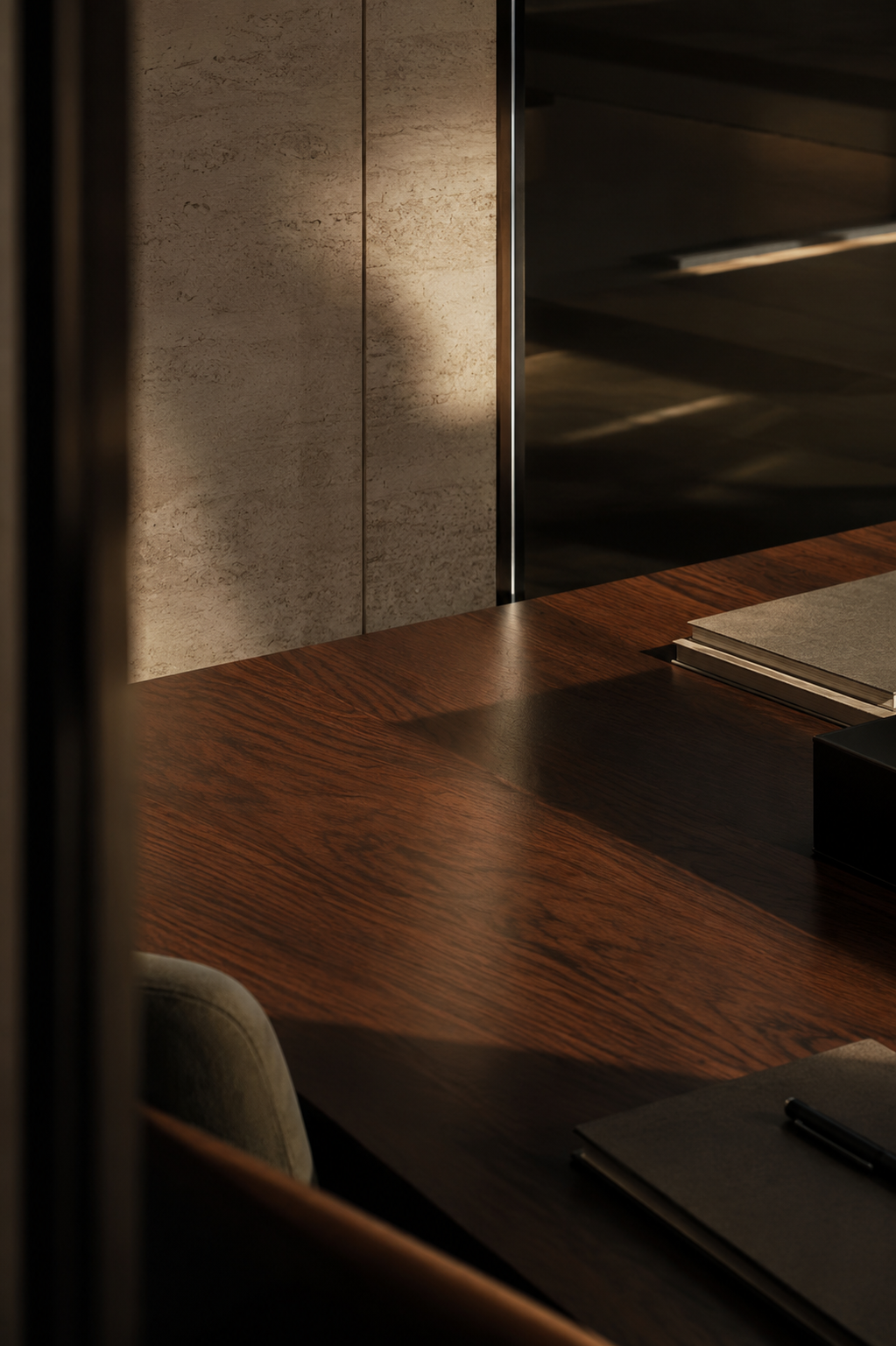 Dark wooden desk closeup: Detail of a dark wooden desk with notebook and pen — Margin House operational consulting for service businesses
