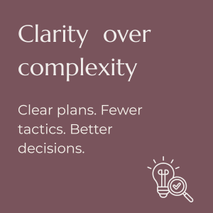 A purple background with white text that reads "Clarity over complexity" and additional text, "Clear plans. Fewer tactics. Better decisions," along with a small icon of a light bulb and a magnifying glass with a check mark.