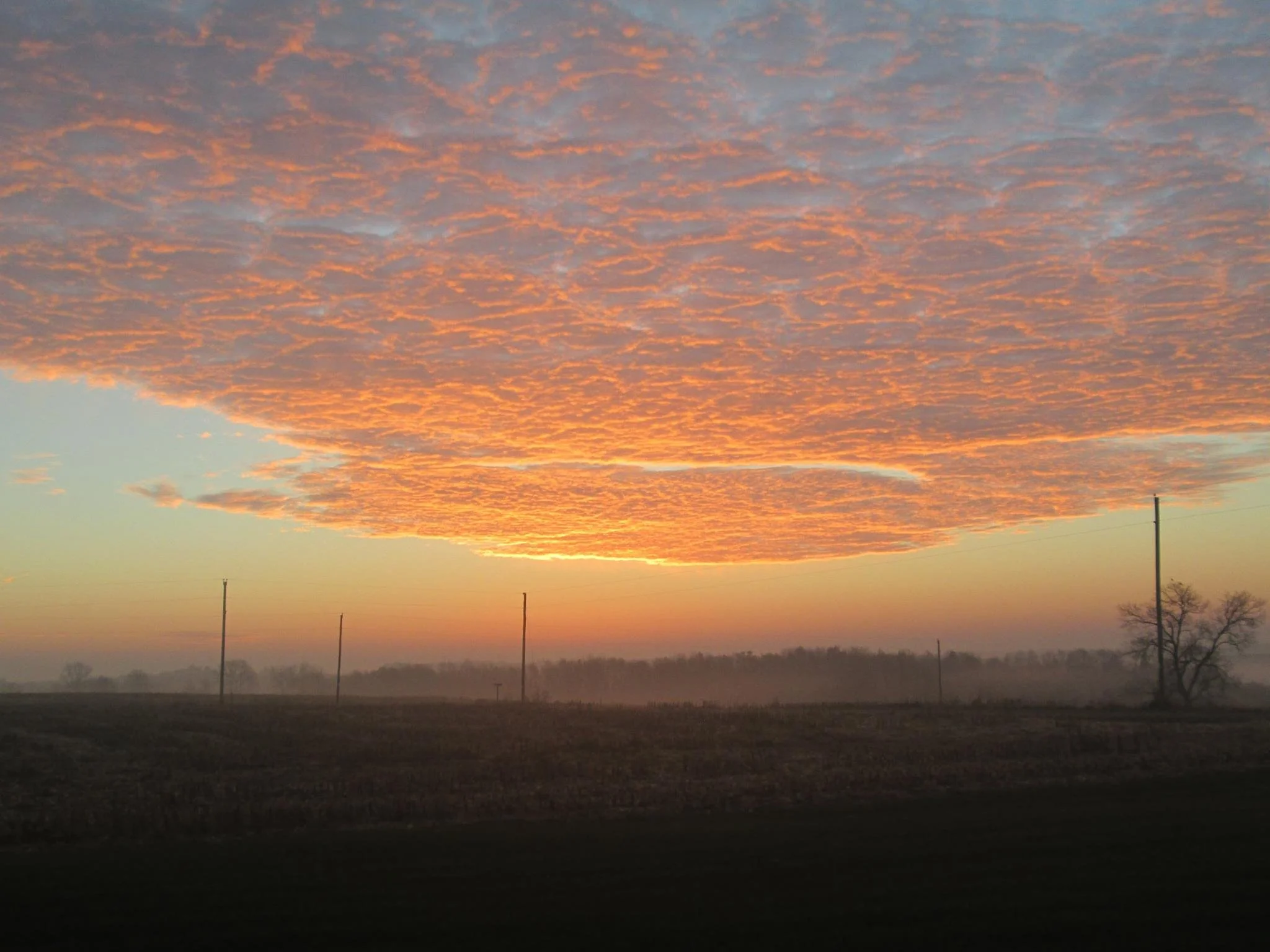 A sky at sunset with orange clouds and a horizon with power lines and a rural landscape.
