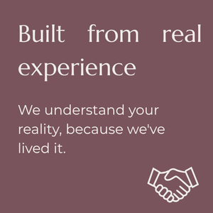 Text on a purple background reads: 'Built from real experience. We understand your reality because we've lived it.' A simple white outline of a handshake is at the bottom right corner.