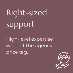 Graphic with text about right-sized support offering high-level expertise without agency prices, featuring an icon of a hand holding a group of people.
