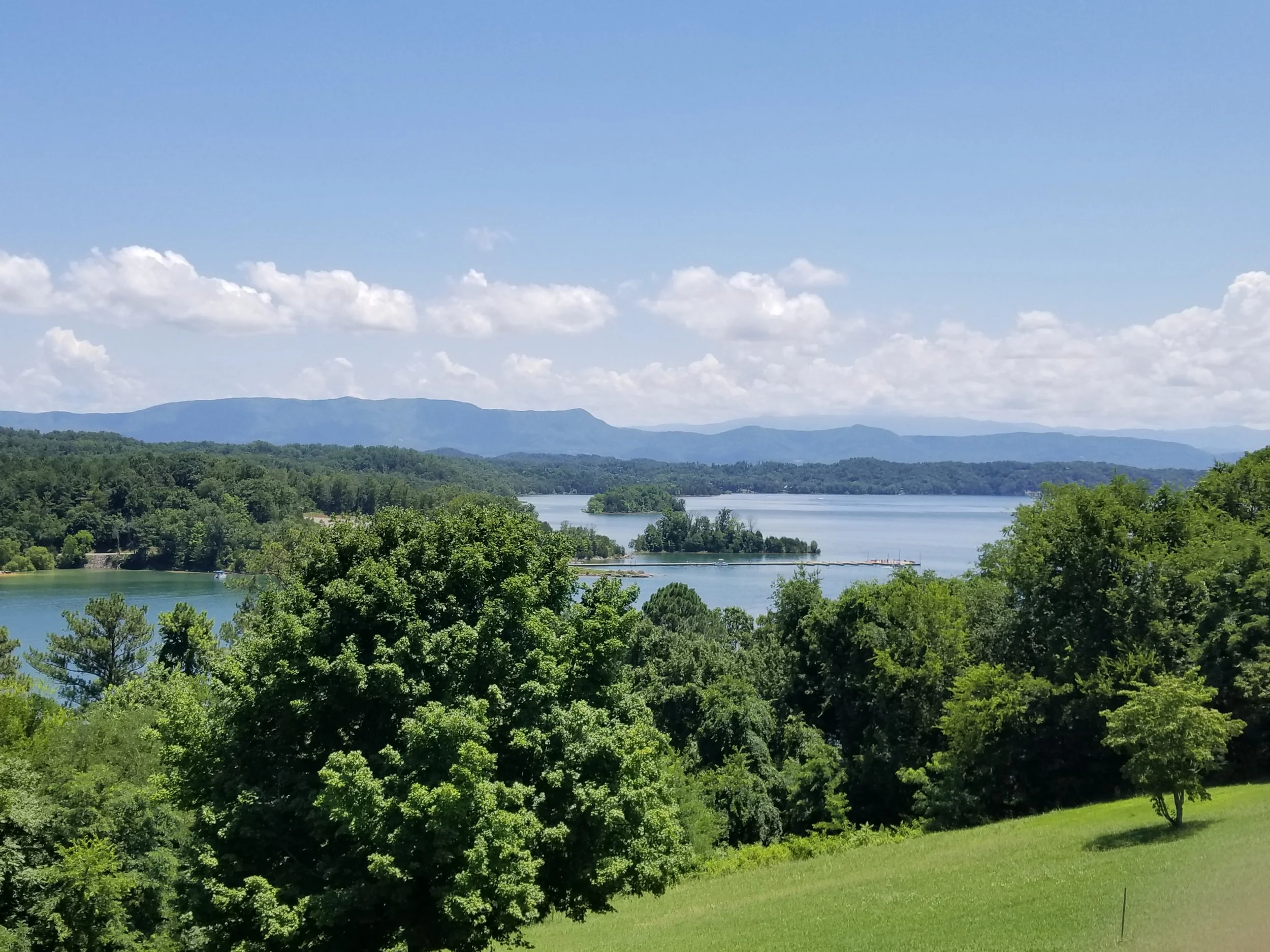Scenic view of a lake surrounded by green trees with mountains in the background under a blue sky with scattered clouds.