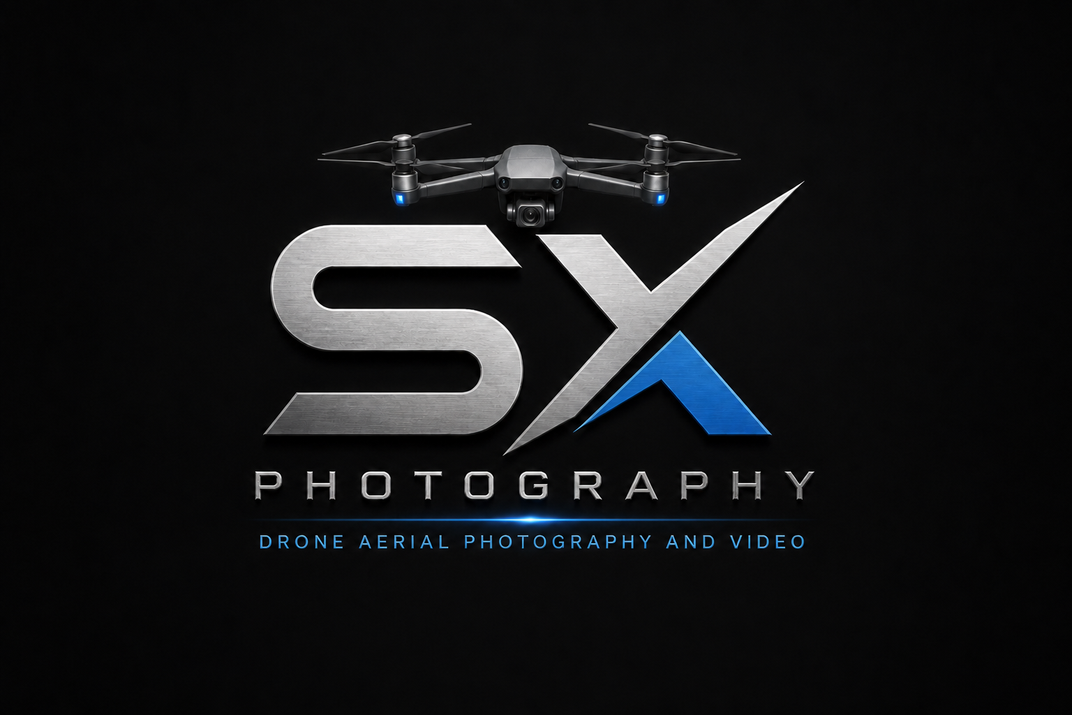 A logo for Sx Photography featuring a drone above the text, with the tagline 'Drone Aerial Photography and Video' in blue below.