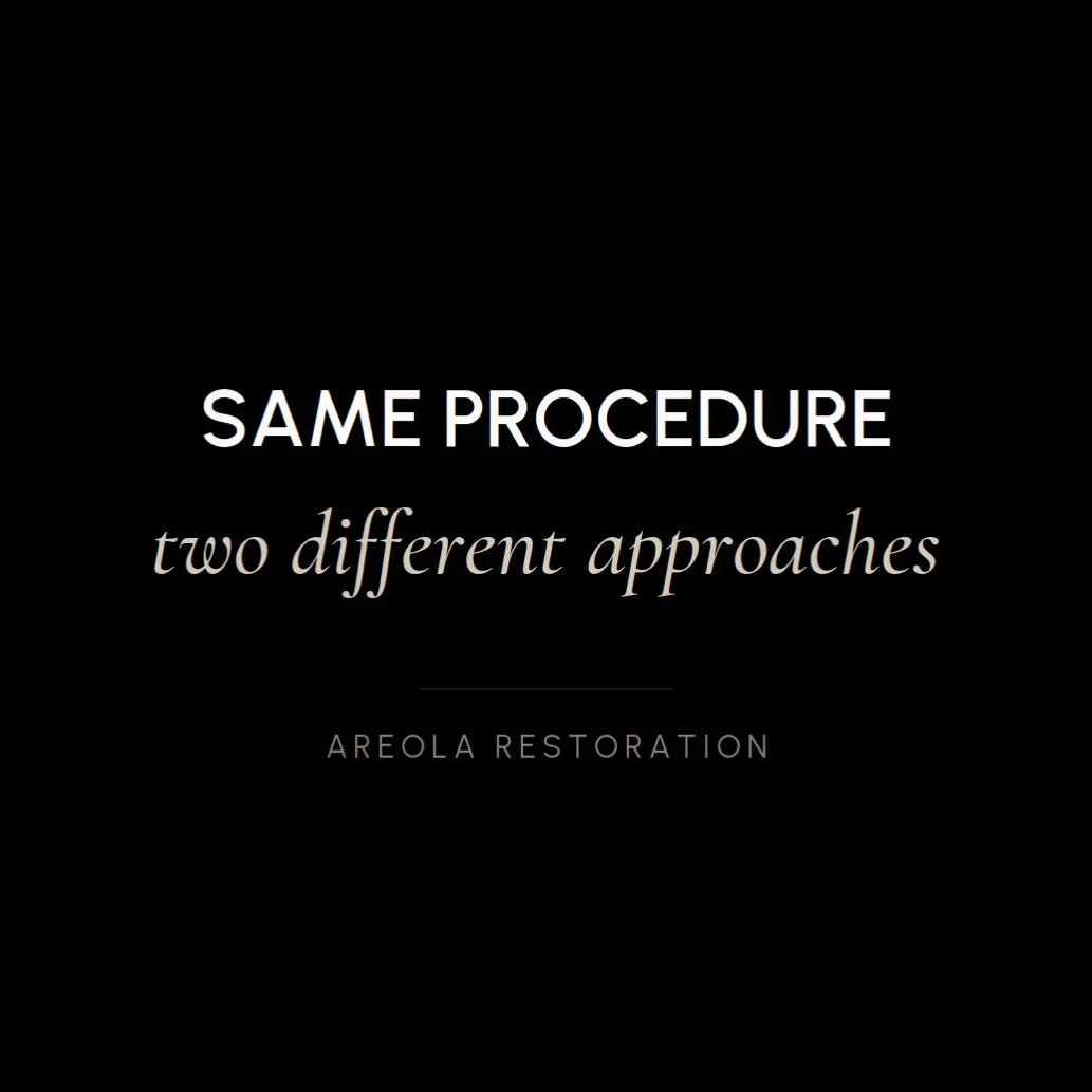 Same procedure, two very different approaches.⁣
⁣
The first areola was done by another artist a while back. Perfectly round, hard edges, and if you look closely you can see new scarring that formed around it; those milky, cloudy white areas. That&rsq