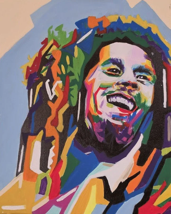 ONE LOVE- a tribute capturing the spirit , energy, and timeless influence of Bob Marley.  16 x 20 - $450 (1in canvas)