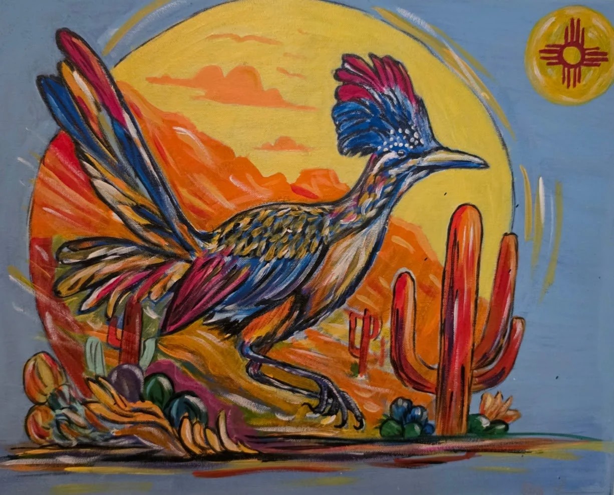 ZIA SUN RUNNER - acrylic landscape celebrating the spirit of the Southwest. Inspired by desert beauty, freedom, and cultural energy.  18 x 24 - $525 (1in canvas)