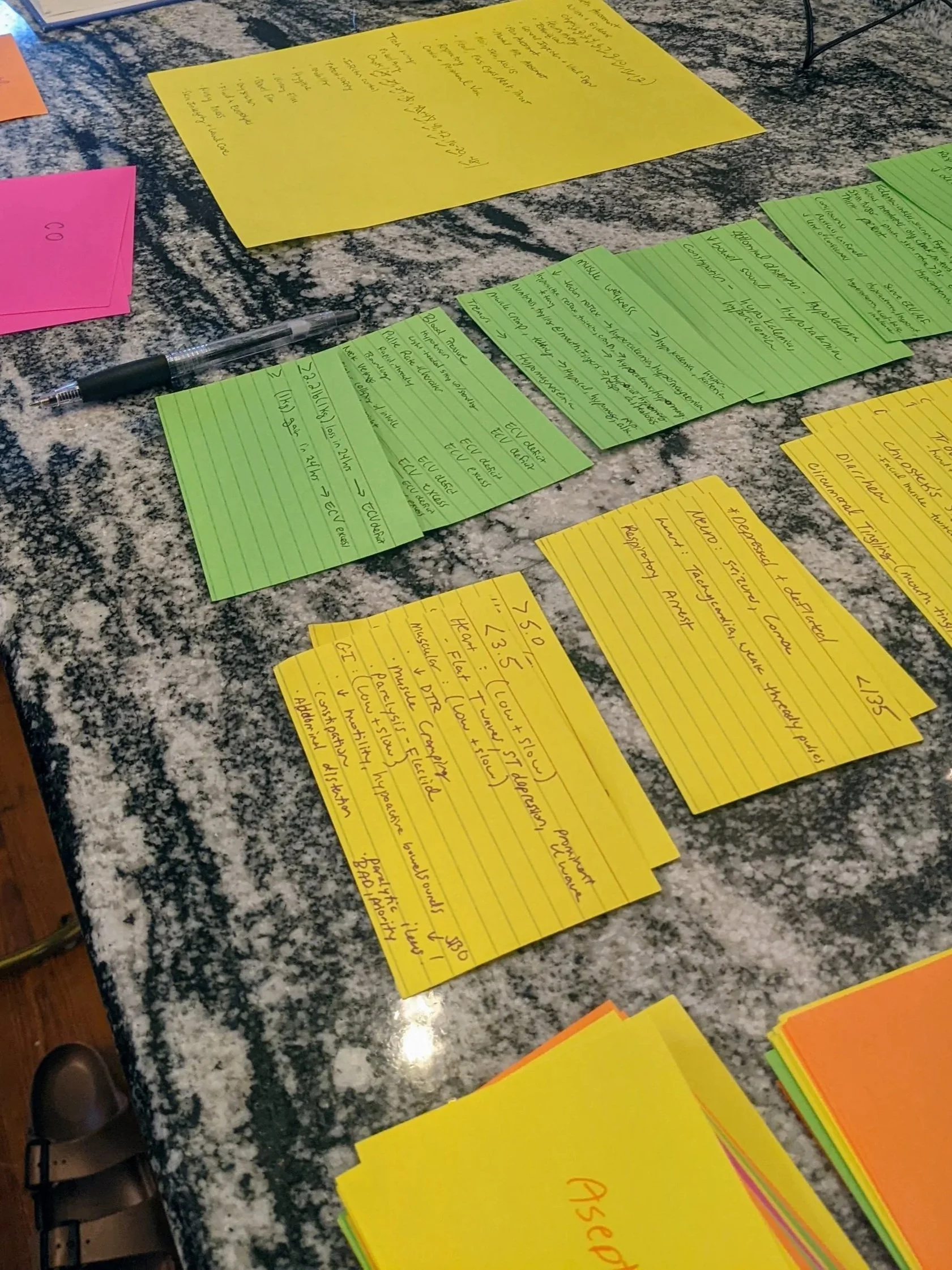 Colorful index cards, including yellow, pink, orange, and green, are spread out on a granite countertop. Some cards have handwritten notes in black ink, with a black pen placed on the green cards. The cards contain various handwritten notes, likely for a project or presentation, but the text is not fully legible.