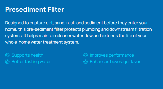 Information card for a Presidemt Filter water filter, listing benefits like supporting health, better tasting water, improving performance, and enhancing beverage flavor.