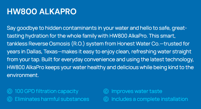 Product description for HW800 ALKAPRO water filtration system, highlighting its features like 100 GPD filtration capacity, improved water taste, complete installation, and harmful substance elimination, designed for healthy drinking water.