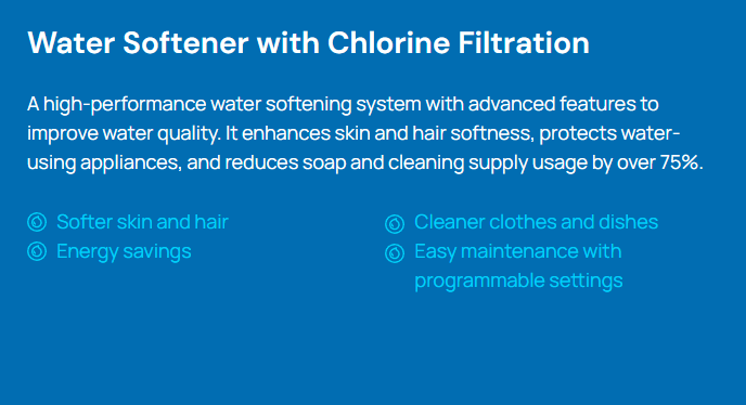 A product information graphic titled "Water Softener with Chlorine Filtration" with descriptions about its features and benefits, including enhanced water quality, softer skin and hair, energy savings, cleaner clothes and dishes, easy maintenance, and programmable settings.