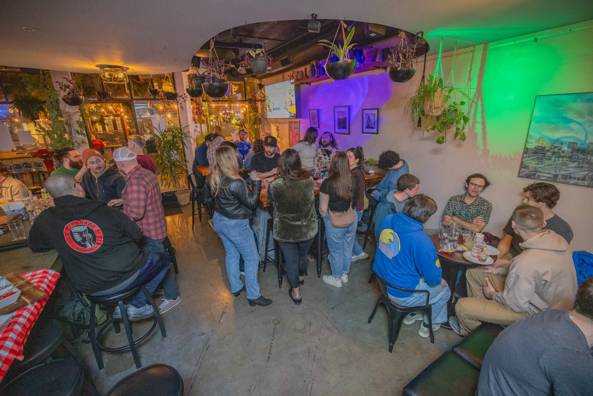 People socializing and dining in a lively restaurant with hanging plants, colorful lighting, and artwork on the walls.