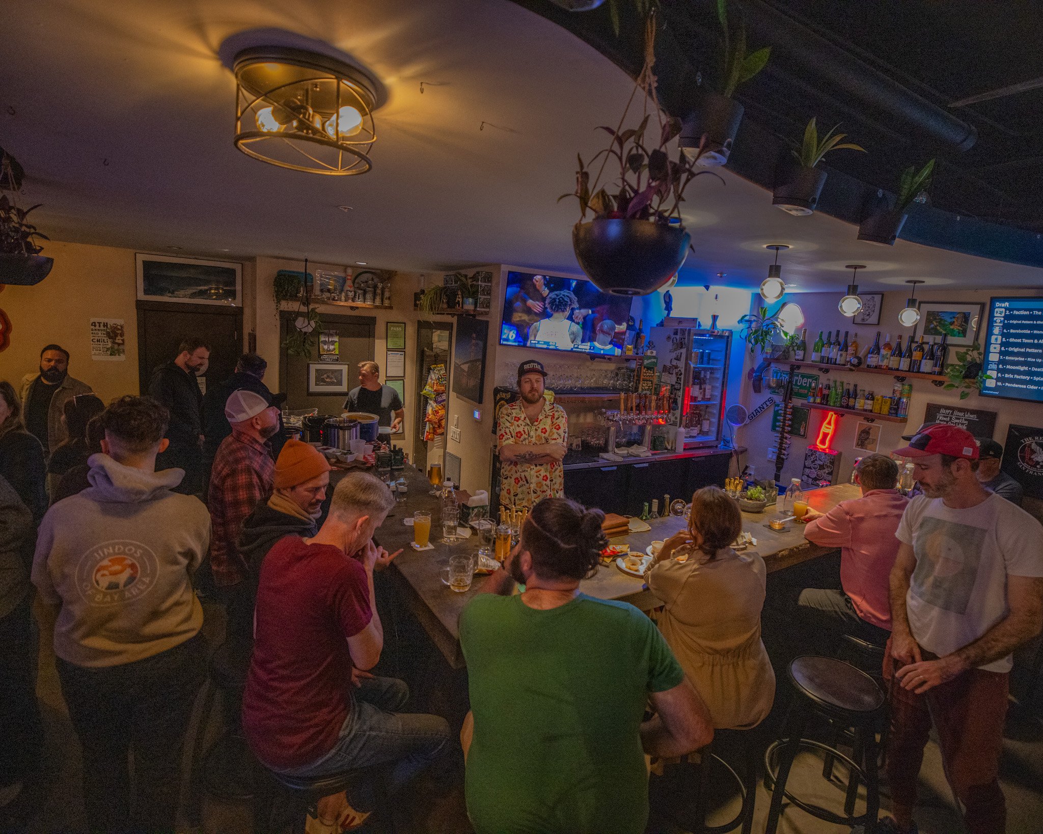 A crowded bar with people socializing, watching TV, and enjoying drinks. There are hanging plants, bar shelves with bottles, and a television on the wall.